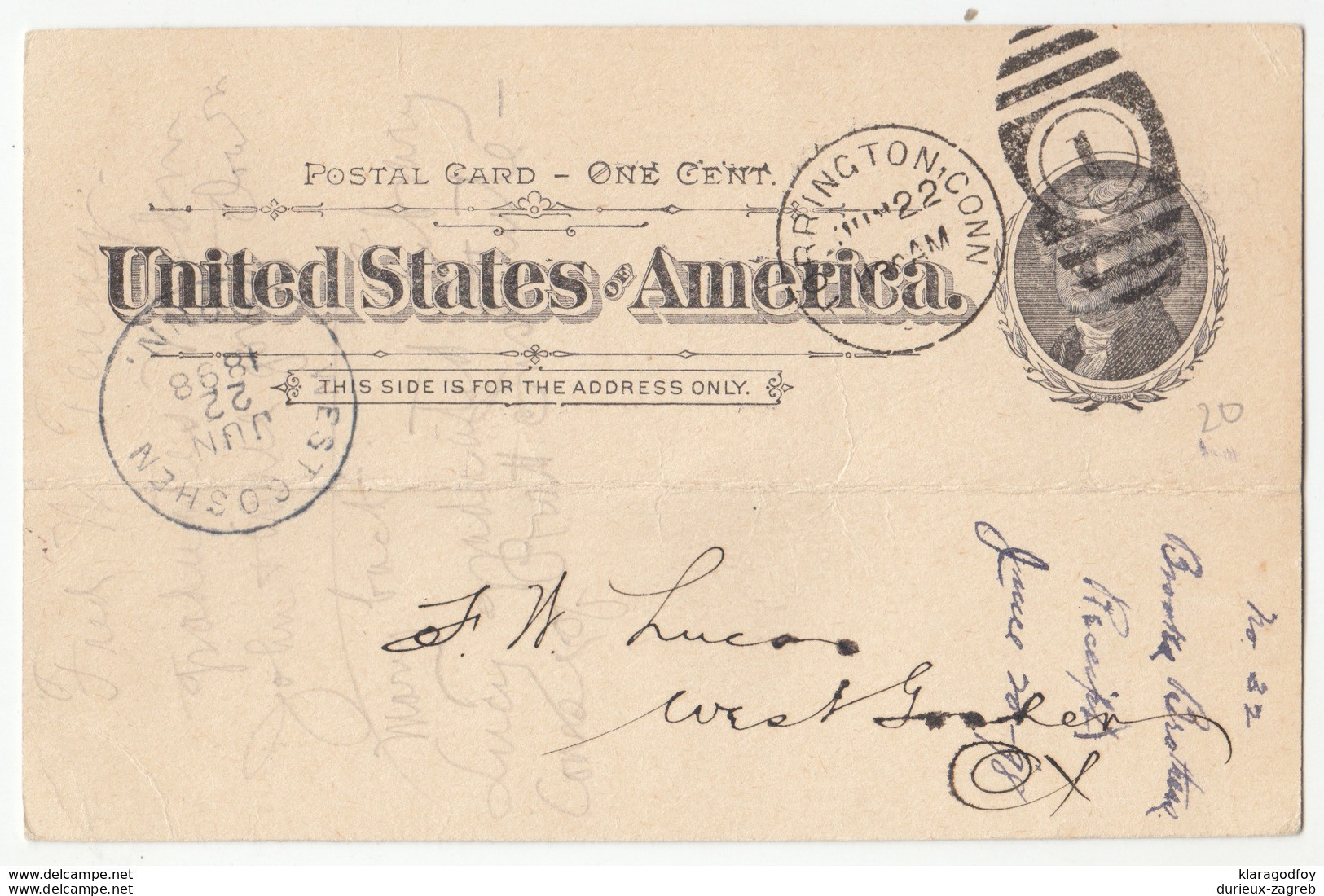 USA, Brooks Brothers Bankers Postal Stationery Postcard Travelled 1898 Torrington (CT) To West Goshen (CT) B180122 - ...-1900