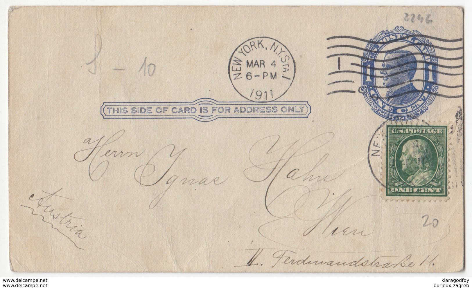 USA, Postal Stationery Postcard Travelled 1911 New York Pmk B180122 - 1901-20