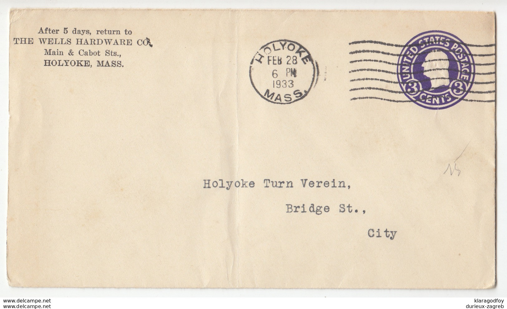 USA, The Wells Hardware Co. Postal Stationery Letter Cover Travelled 1933 Holyoke (MA) Pmk B180122 - 1921-40