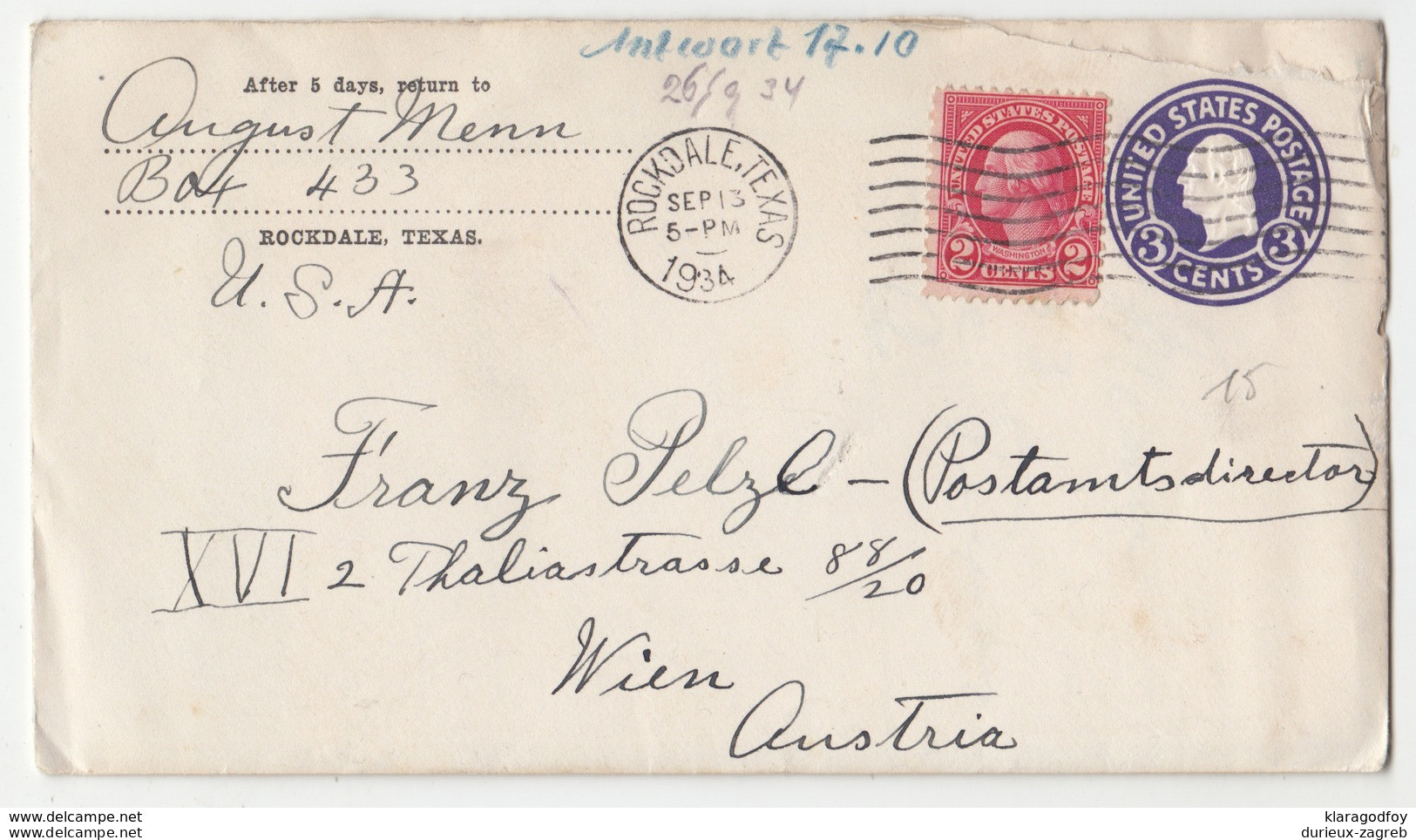 USA, Postal Stationery Letter Cover Travelled 1934 Rockdale (TX) Pmk B180122 - 1921-40