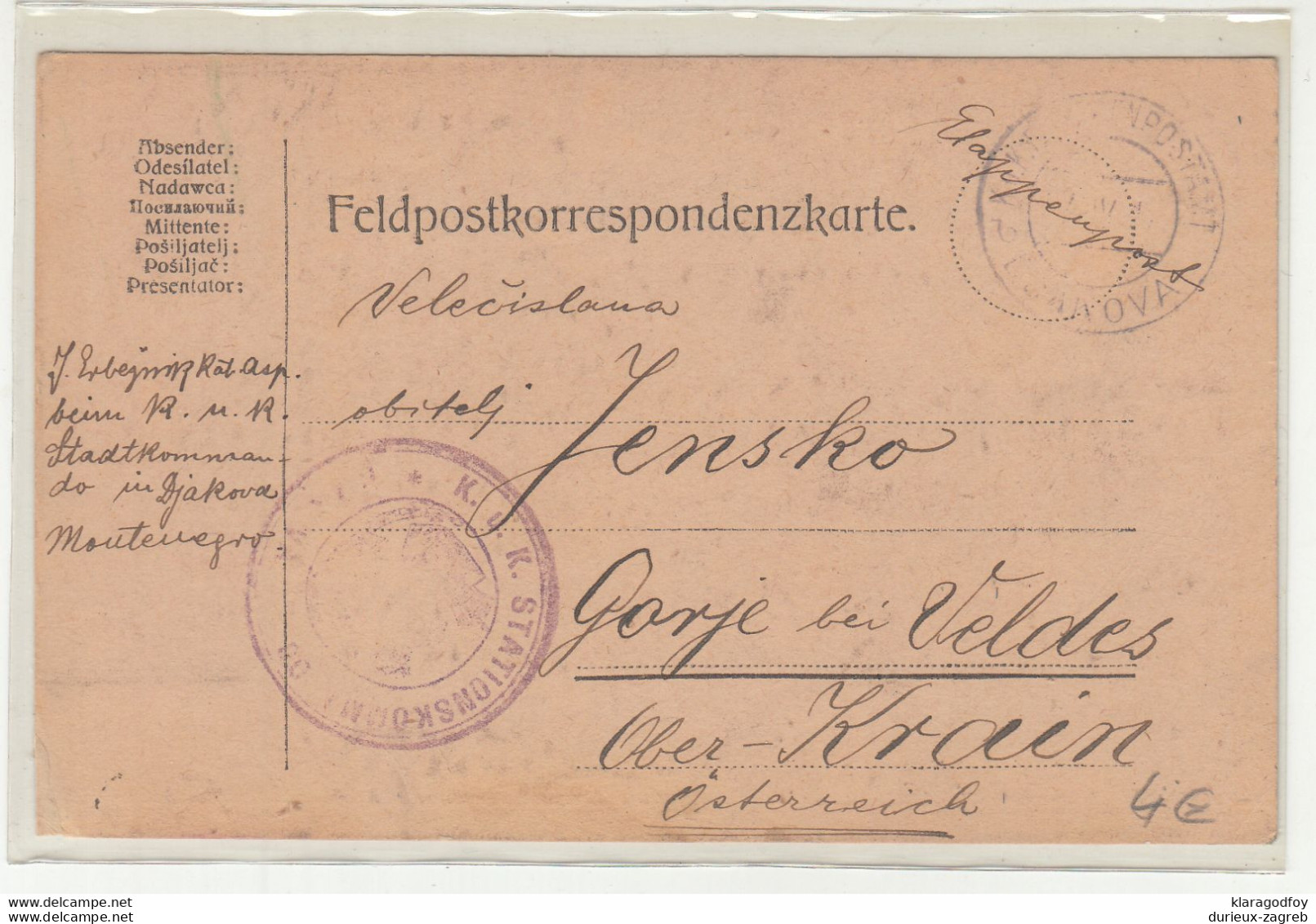 K.u.k. WW1 Feldpostkarte, Posted 1917 Ettapenpostamt Djakova To Gorje Bei Veldes B210526 - Guerre Mondiale (Première)