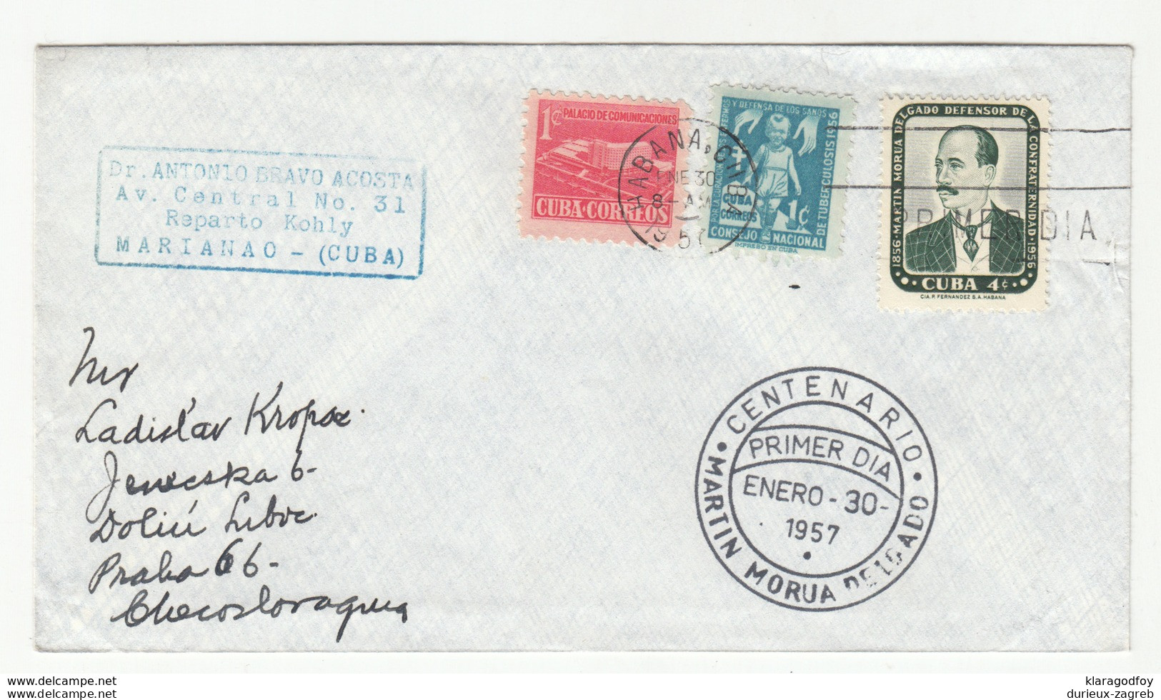 Cuba Martiin Morua Delgado FDC Travelled 1957 To Prague B190601 - FDC