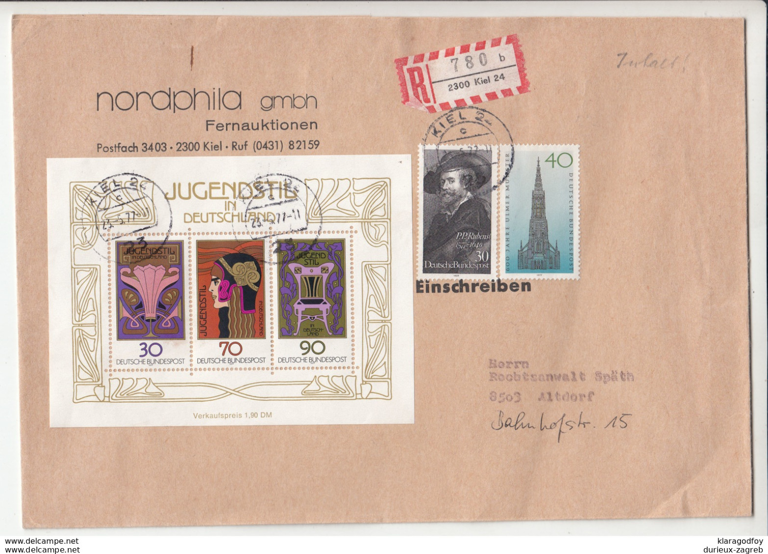 Germany, Jugendstil Souvernir Sheet On Nordhphila Letter Cover Registered Travelled 1977 Kiel Pmk B190101 - Covers & Documents
