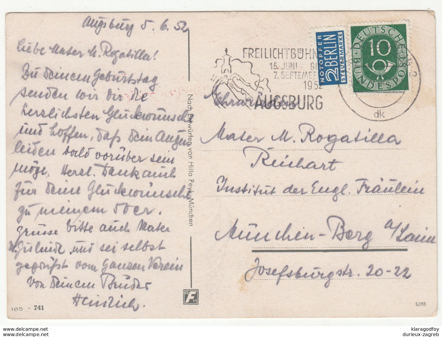 H. Peyk Illustration Happy Birthday Greeting Card Travelled 1952 Augsburg Slogan Pmk B190101 - Peyk, Hilla