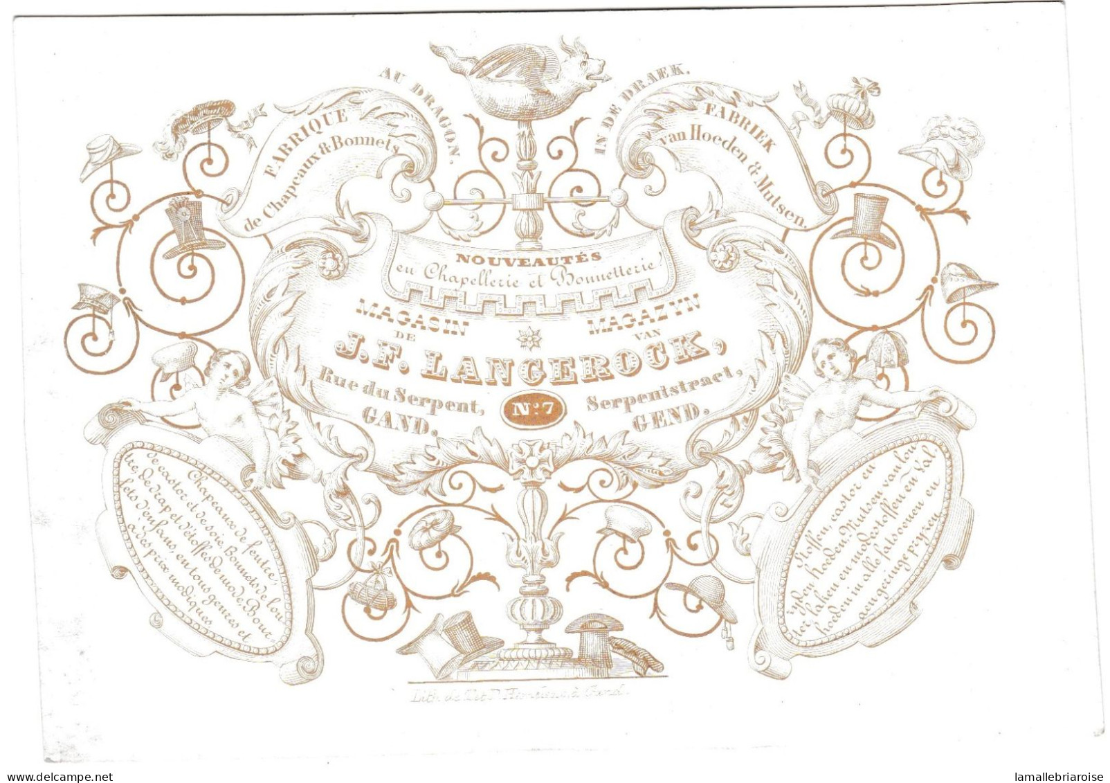 Belgique "Carte Porcelaine"  Porseleinkaart, J.F. Langerock, Chapellerie Bonneterie, Gand, Gent, Dim:134x93mm - Porcelana