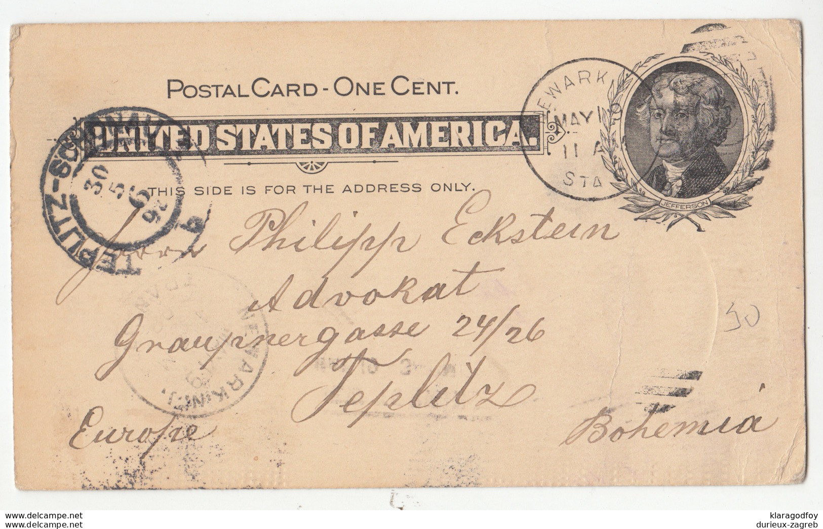 USA, Postal Stationery Postcard Travelled 1898 Newark To Teplitz-Schönau (Bohemia) B180122 - ...-1900