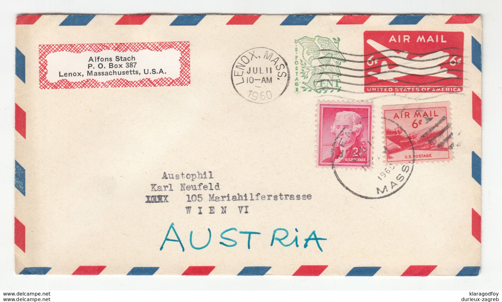 US 1c Overprinted Postal Stationery Air Mail Letter Cover Posted 1960 Lenox. Mass. To Austria B191201 - 1941-60