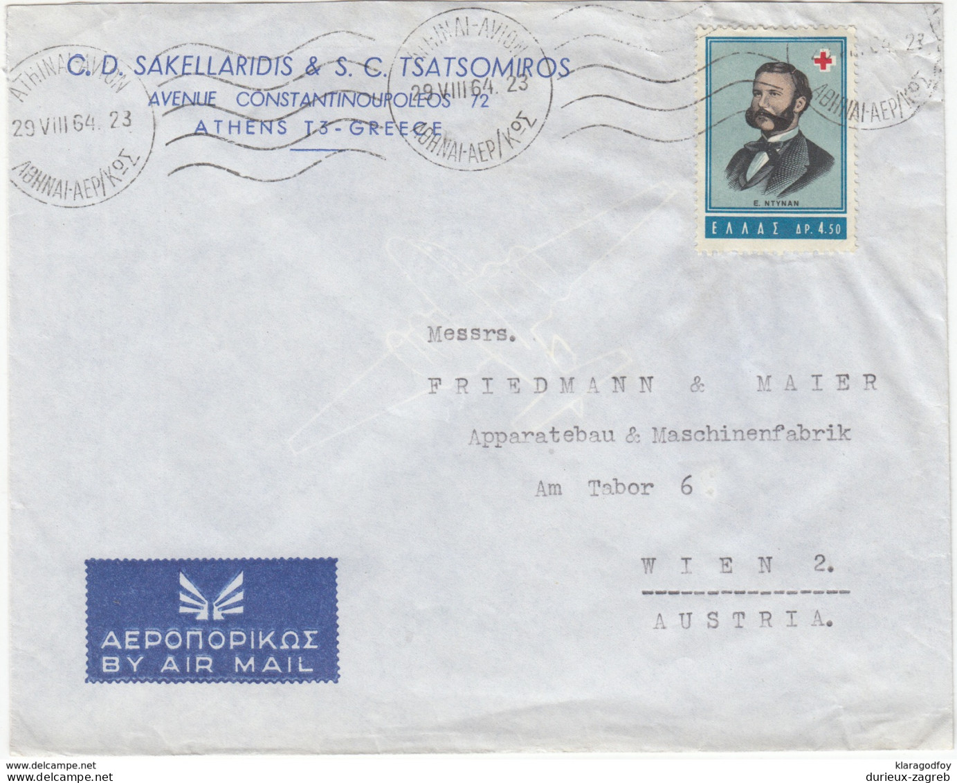 C.D. Sakellaridis & S.C. Tsatsomiros Company Air Mail Letter Cover Travelled 1964 To Austria B171005 - Covers & Documents