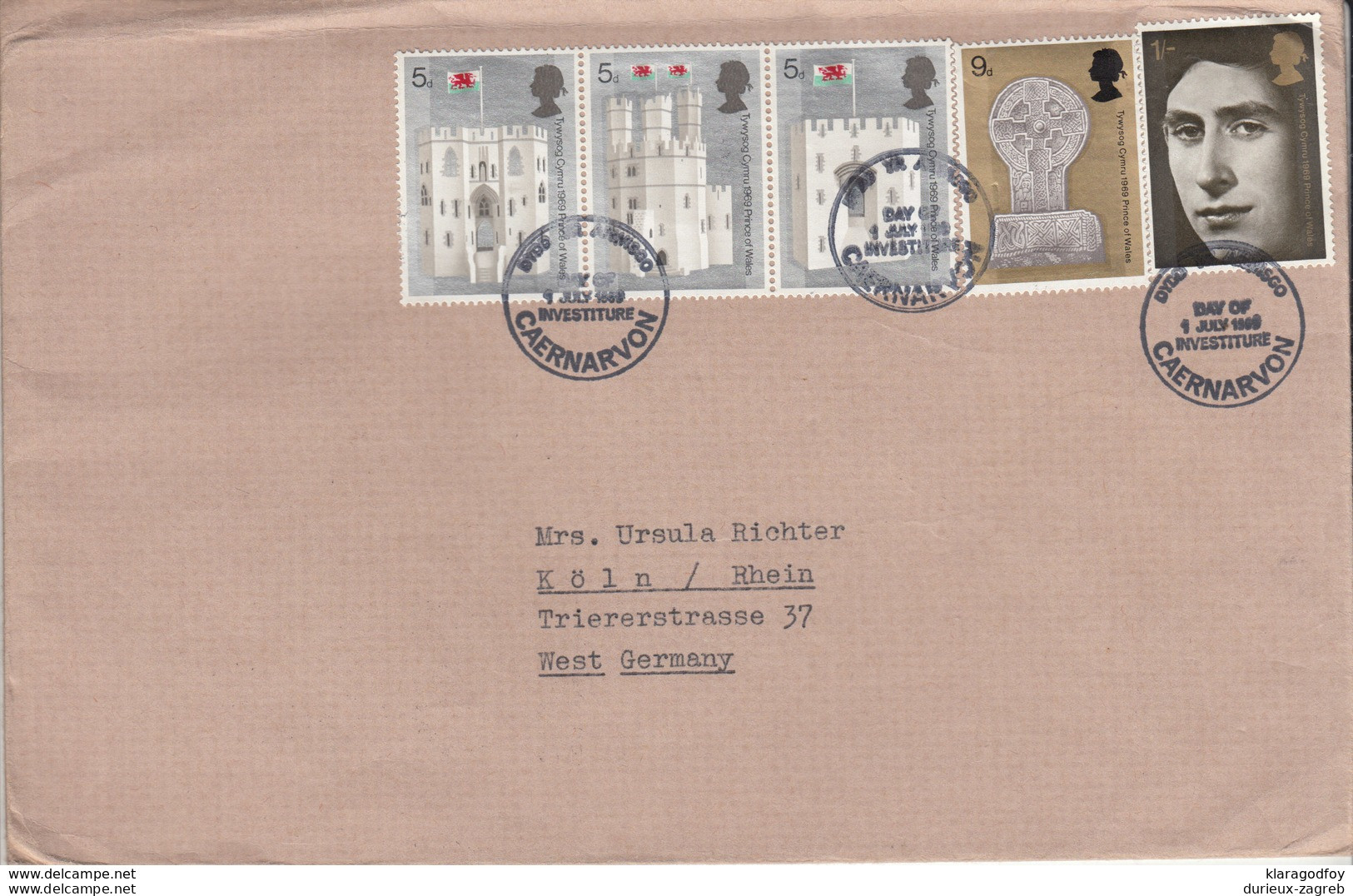 Day Of Investiture Caernarvon FD Postmark On Letter Cover Travelled 1969 To Germany  B171005 - 1952-1971 Pre-Decimal Issues