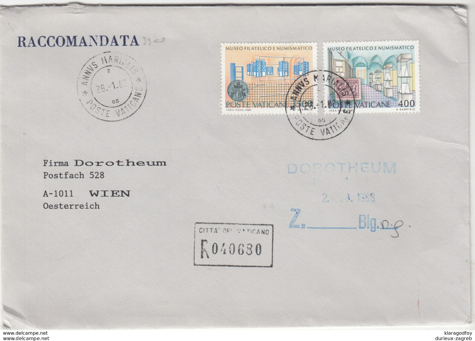 Vatican Registered Letter Cover Travelled 1987? On Dorotheum Wien B171005 - Covers & Documents