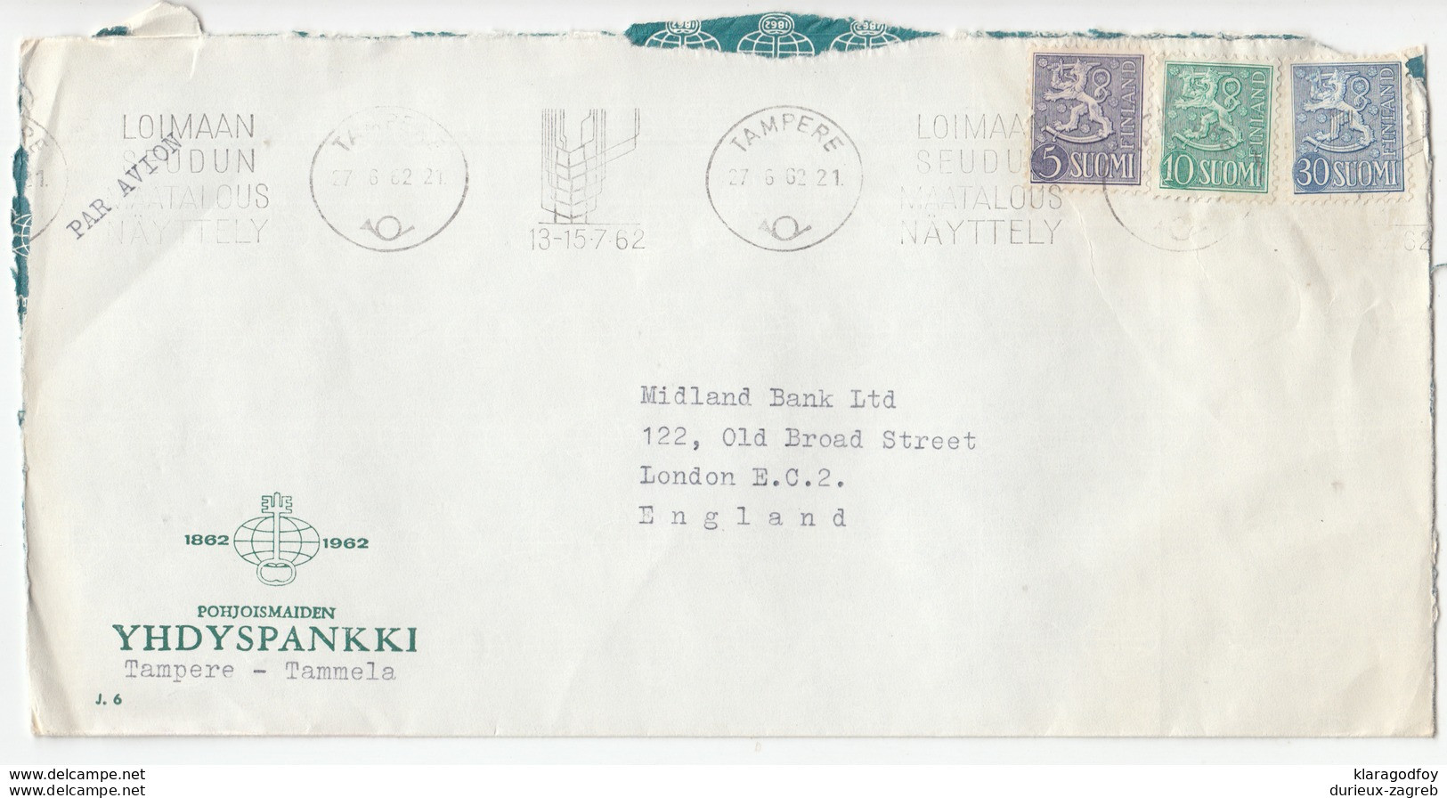 Yhdyspankki Company Letter Cover Travelled 1962 To England - Slogan Postmark B171005 - Cartas & Documentos