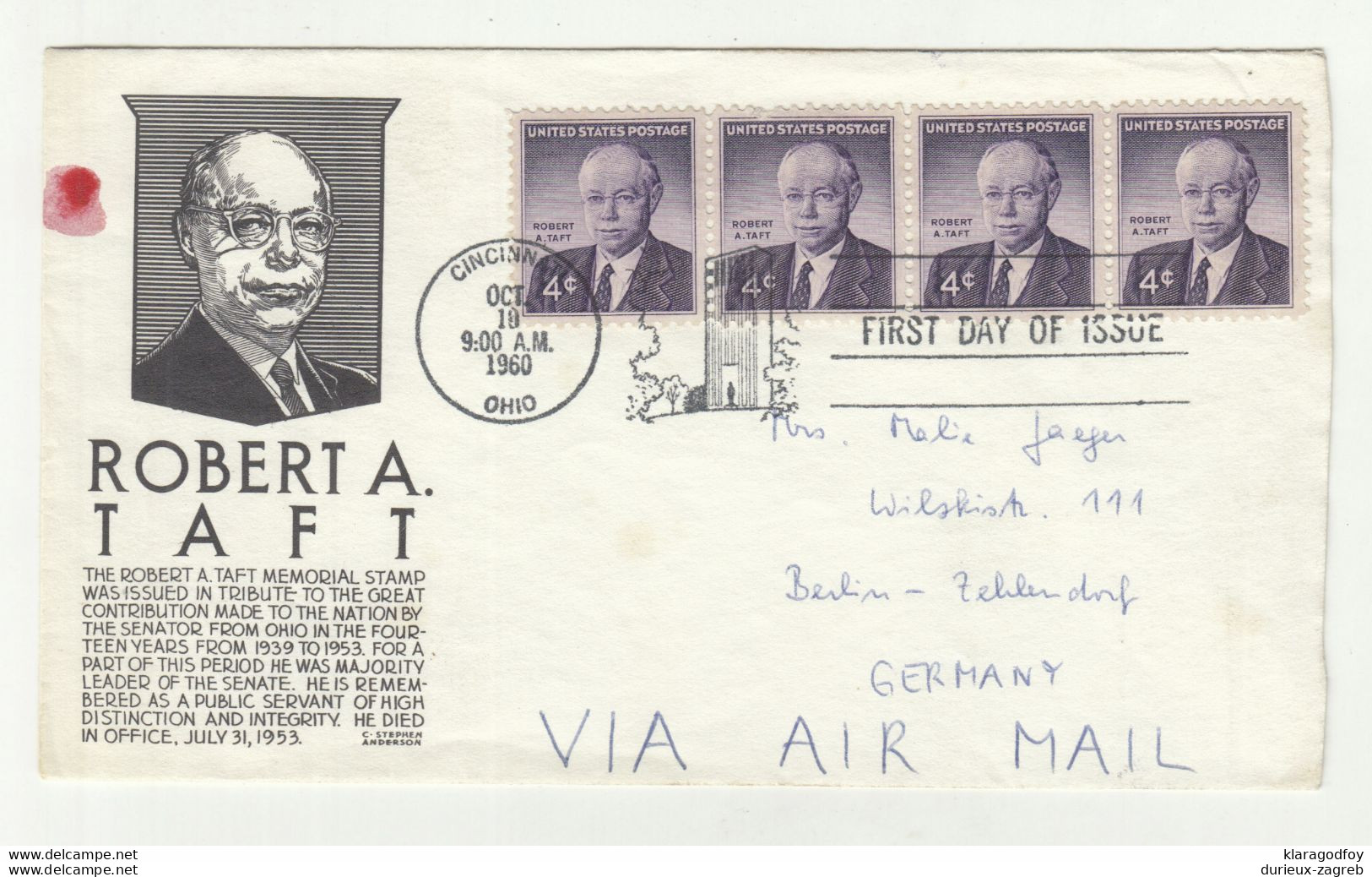 Robert A. Taft 1960 FDC Cover Posted To Germany B210120 - 1951-1960