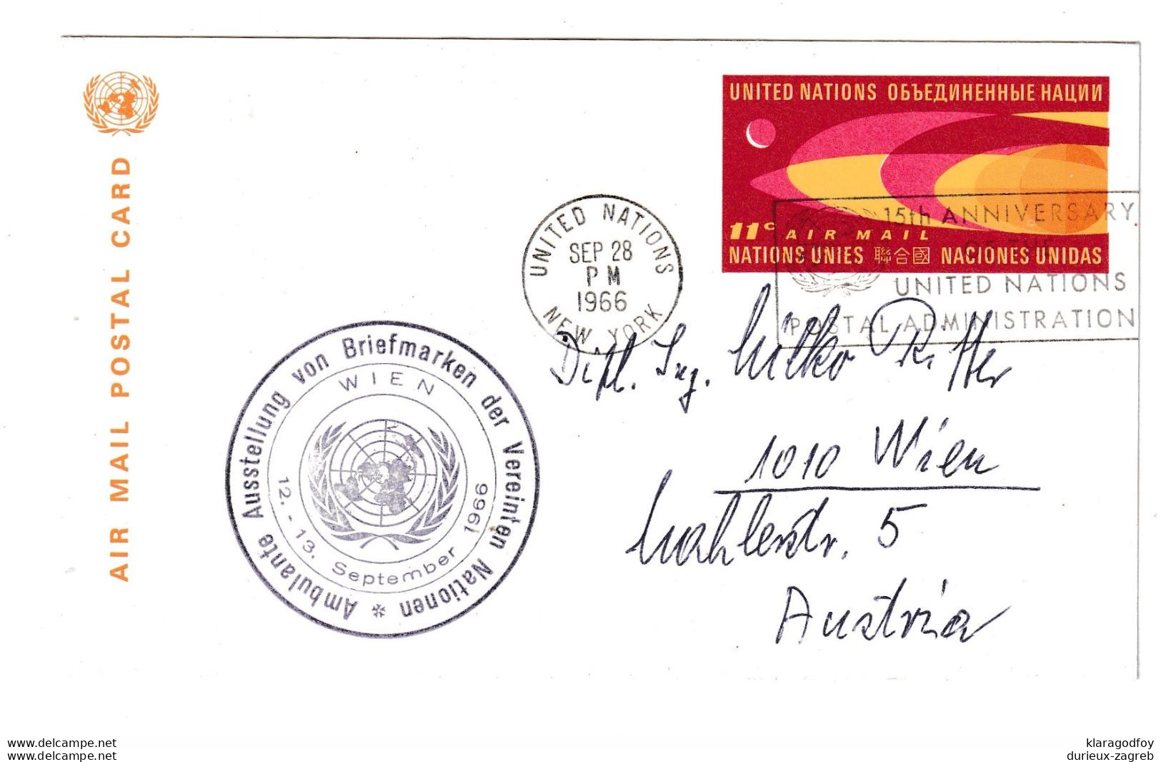 UN Air Mail Postal Stationery Postcard Posted 1966 To Austria B210112 - Luftpost