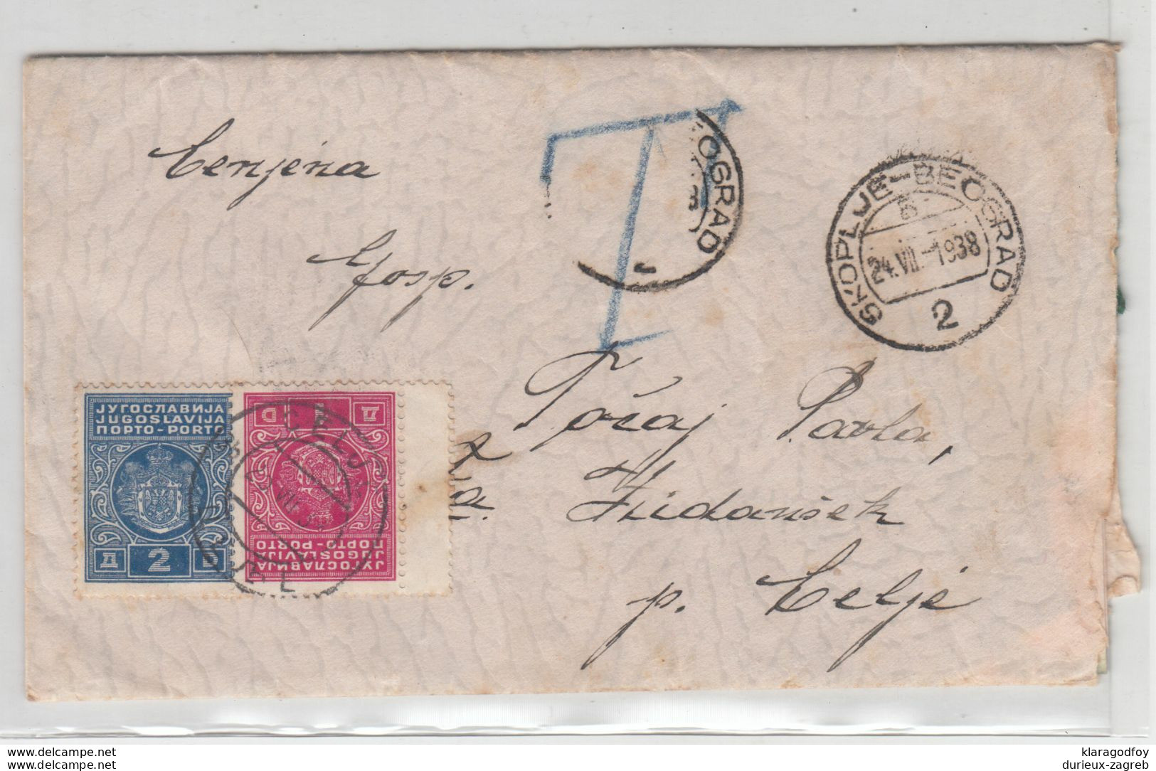 Yugoslavia Taxed Letter Postage Due Posted 1938 To Celje - Railway Postmark Skoplje-Beograd B200907 - Timbres-taxe