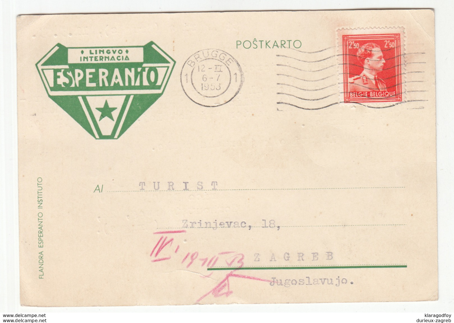 Belgie Belgique, Esperanto Illustrated Postcard Travelled 1953 Brugge Pmk B190220 - Esperanto