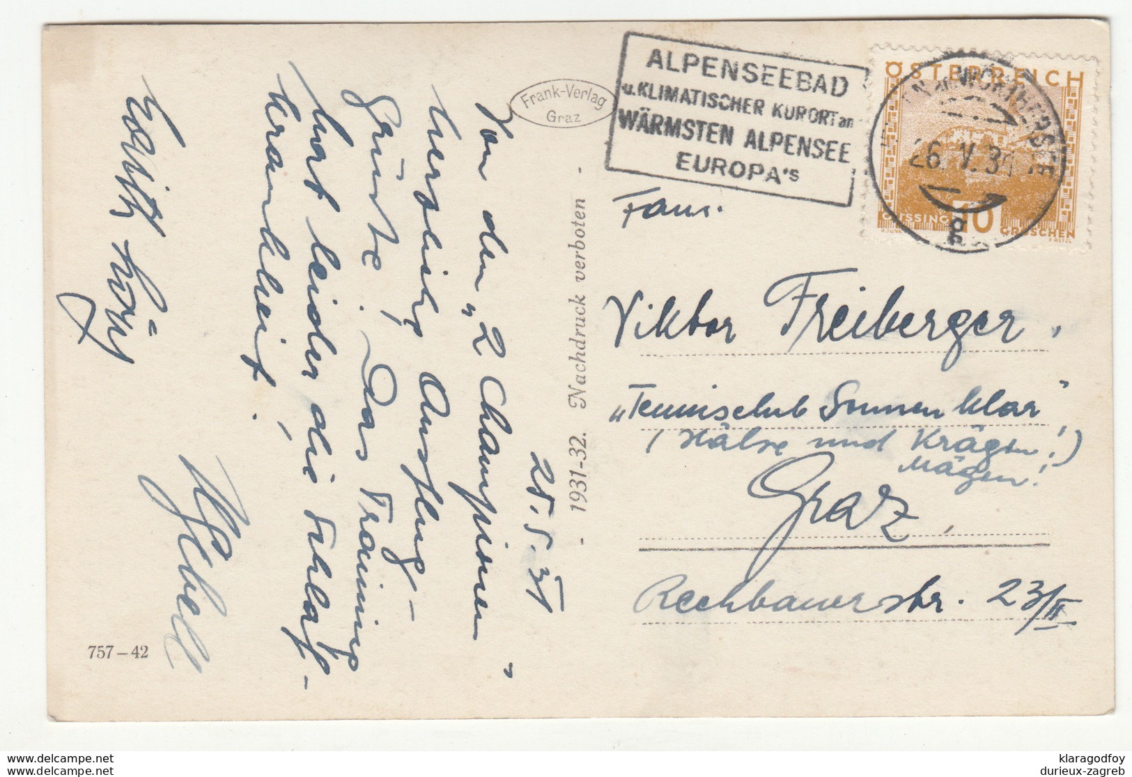 Velden Am Wörthersee Old Postcard Travelled 1931 B190110 - Velden