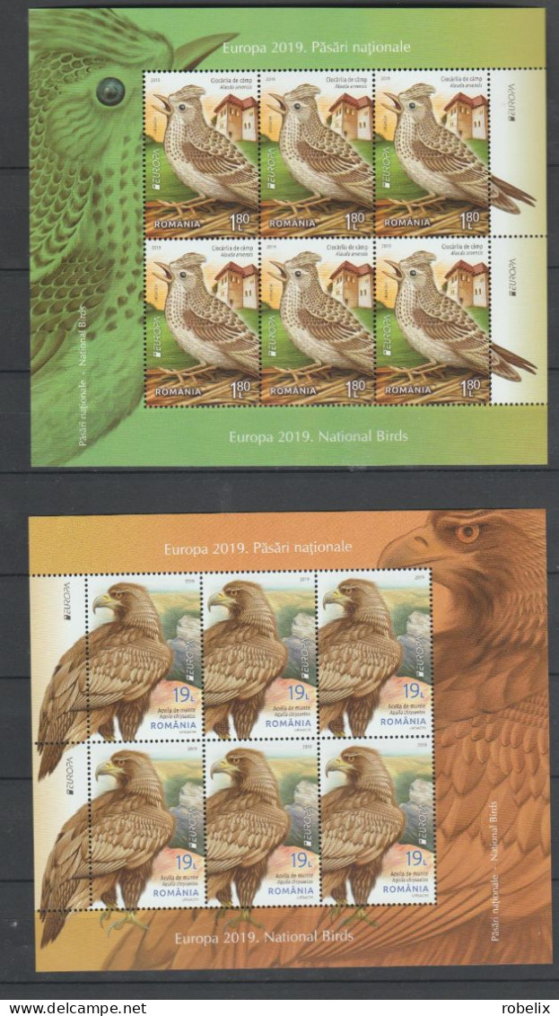 ROMANIA  EUROPA CEPT  2019 -NATIONAL BIRDS - SKYLARK; EAGLE- 2 Sheetlets-Feuillets- Klb Of 6 Val MNH** - 2019