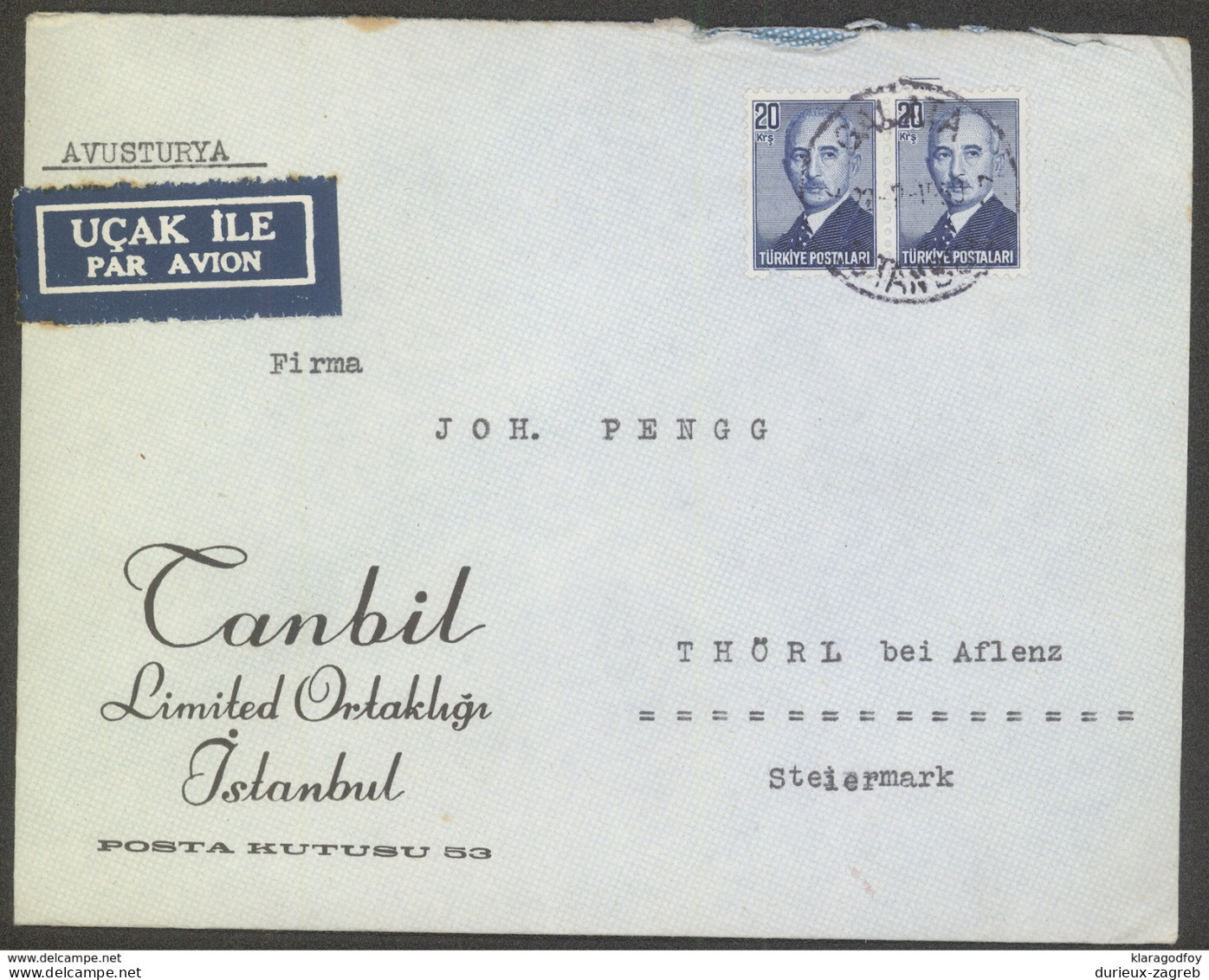 Turkey, Canbil Limited Ortakl&#x131;&#x11F;&#x131; Istanbul Company Letter Cover Airmail Travelled Galata Pmk B170410 - Covers & Documents