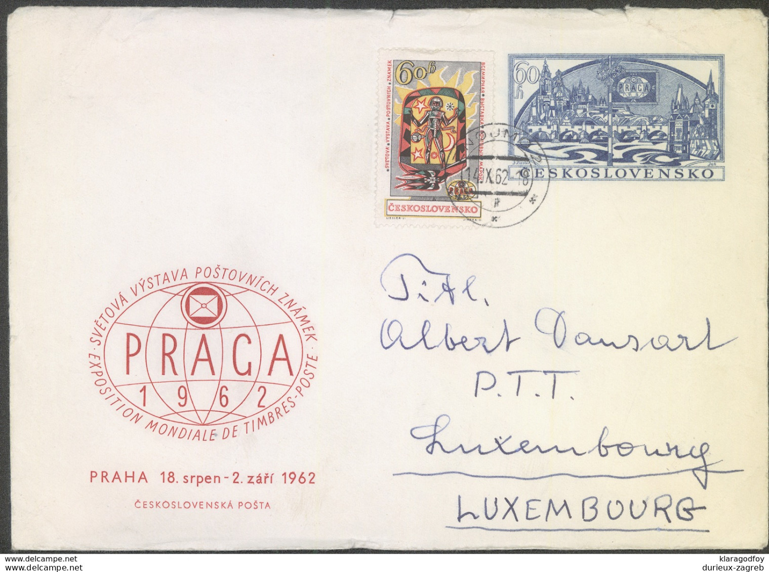 Czechoslovakia, International Philatelic Exhibition Prague 1962 Postal Stationary Travelled Znojmo To Luxembourg B170410 - Enveloppes