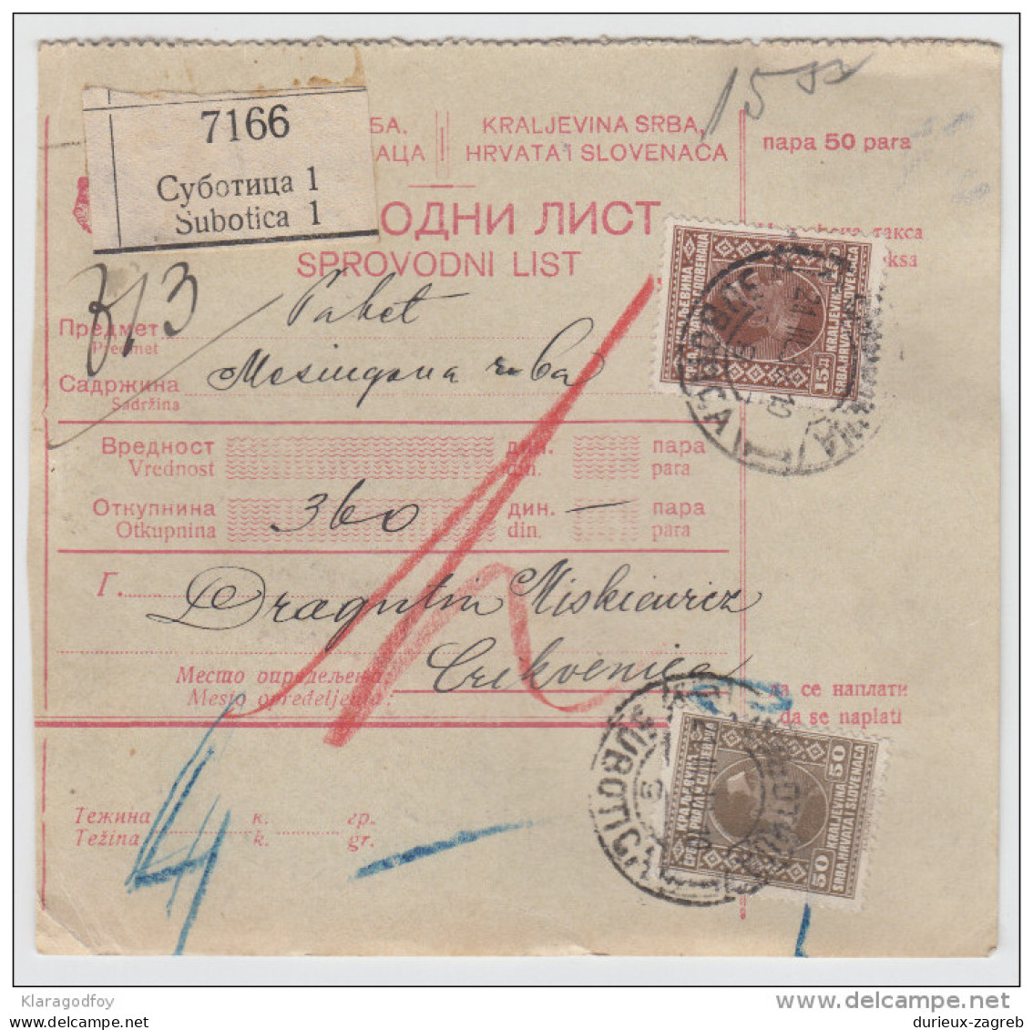 Yugoslavia Kingdom SHS Parcel Card - Sprovodni List 1930 Subotica To Crikvenica Bb160516 - Otros & Sin Clasificación