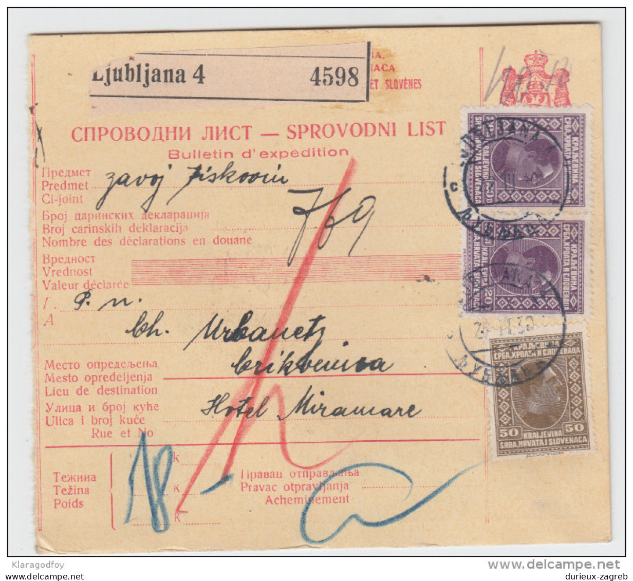 Yugoslavia Kingdom SHS Parcel Card - Sprovodni List 1930 Ljubljana To Crikvenica Bb160516 - Sonstige & Ohne Zuordnung