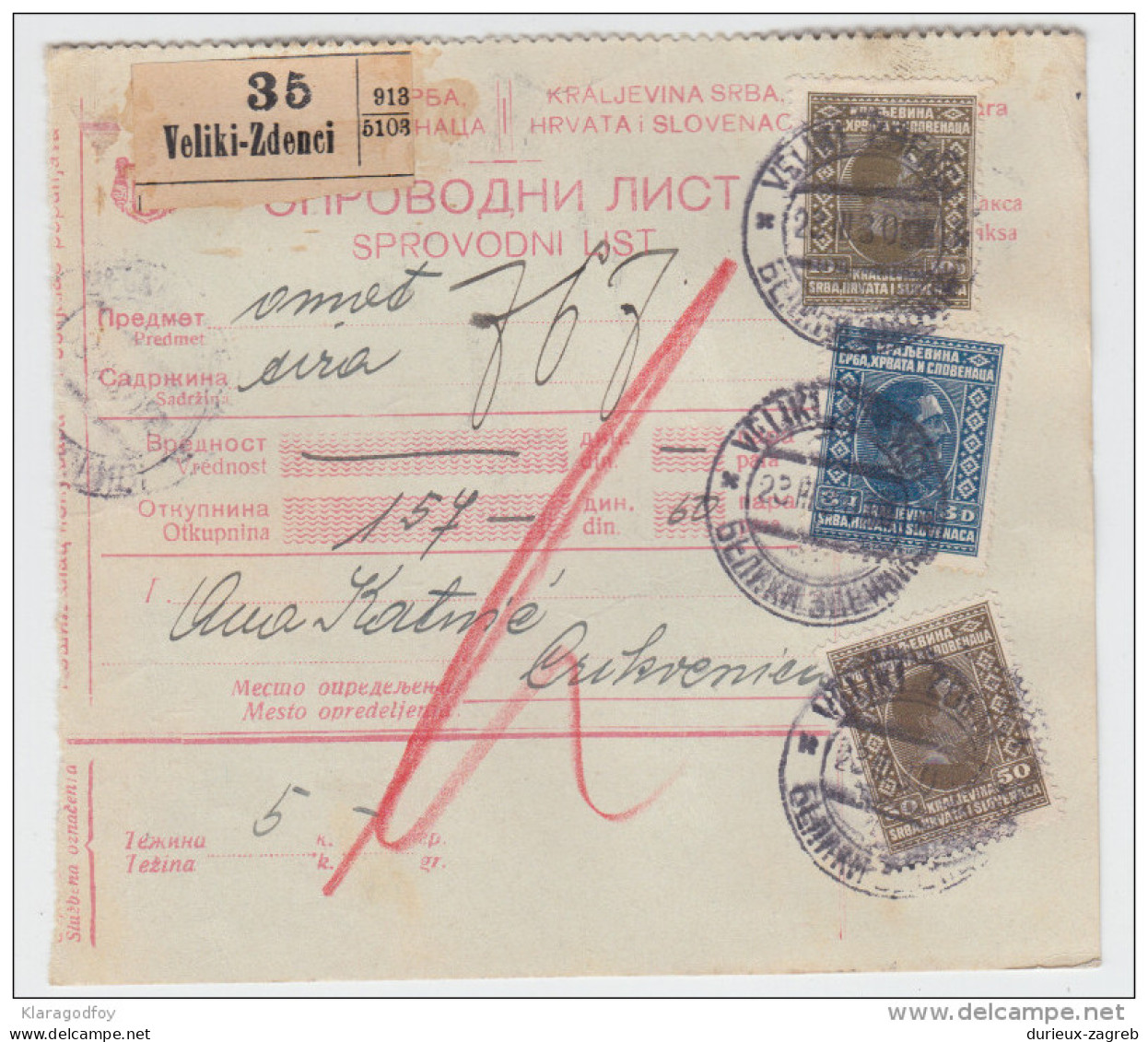 Yugoslavia Kingdom SHS Parcel Card - Sprovodni List 1930 Veliki Zdenci To Crikvenica Bb160516 - Autres & Non Classés