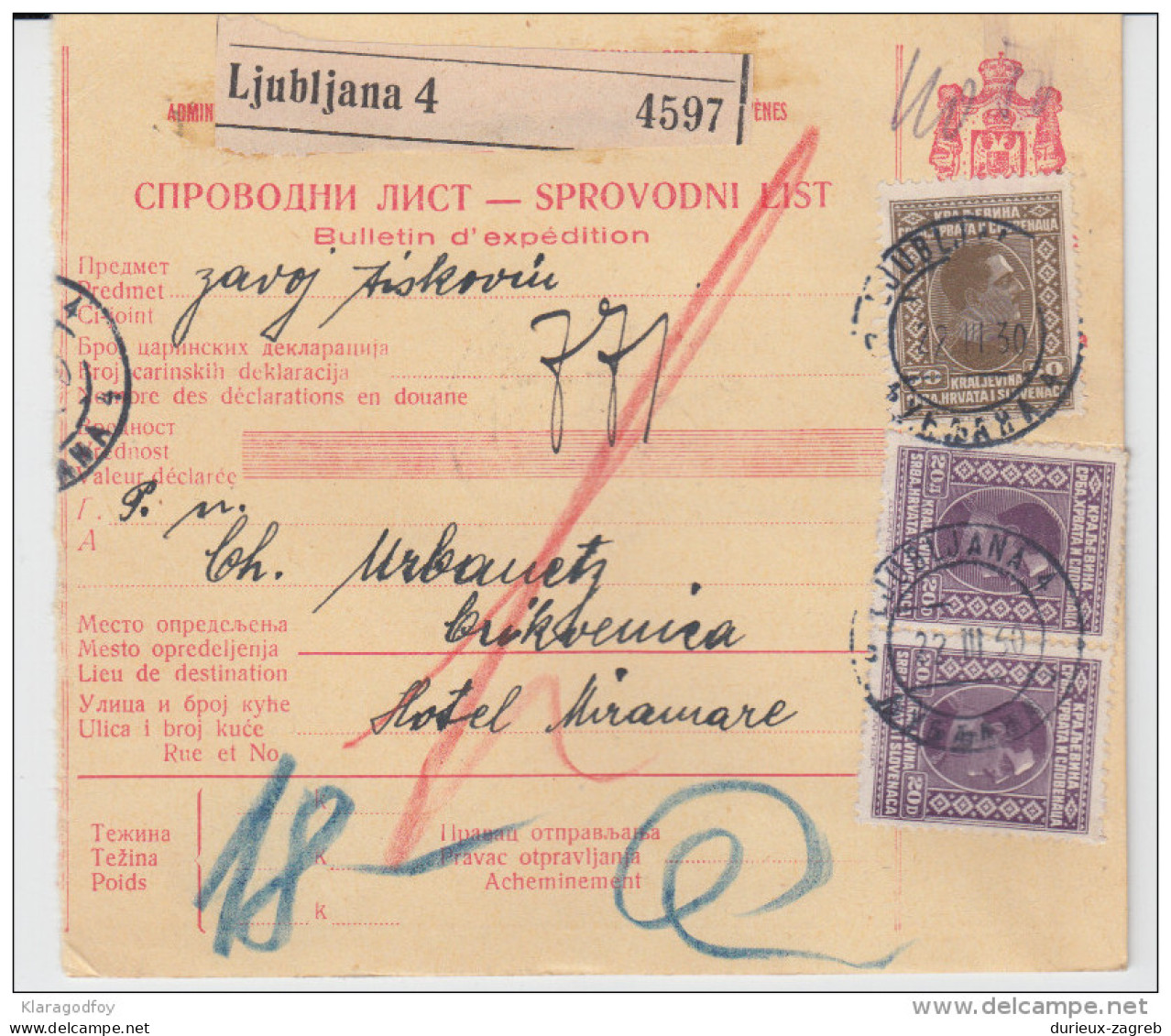 Yugoslavia Kingdom SHS Parcel Card - Sprovodni List 1930 Ljubljana To Crikvenica Bb160516 - Autres & Non Classés