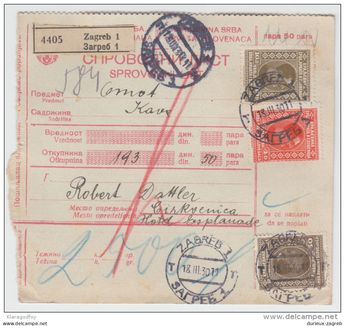 Yugoslavia Kingdom SHS Parcel Card - Sprovodni List 1930 Zagreb To Crikvenica Bb160516 - Altri & Non Classificati