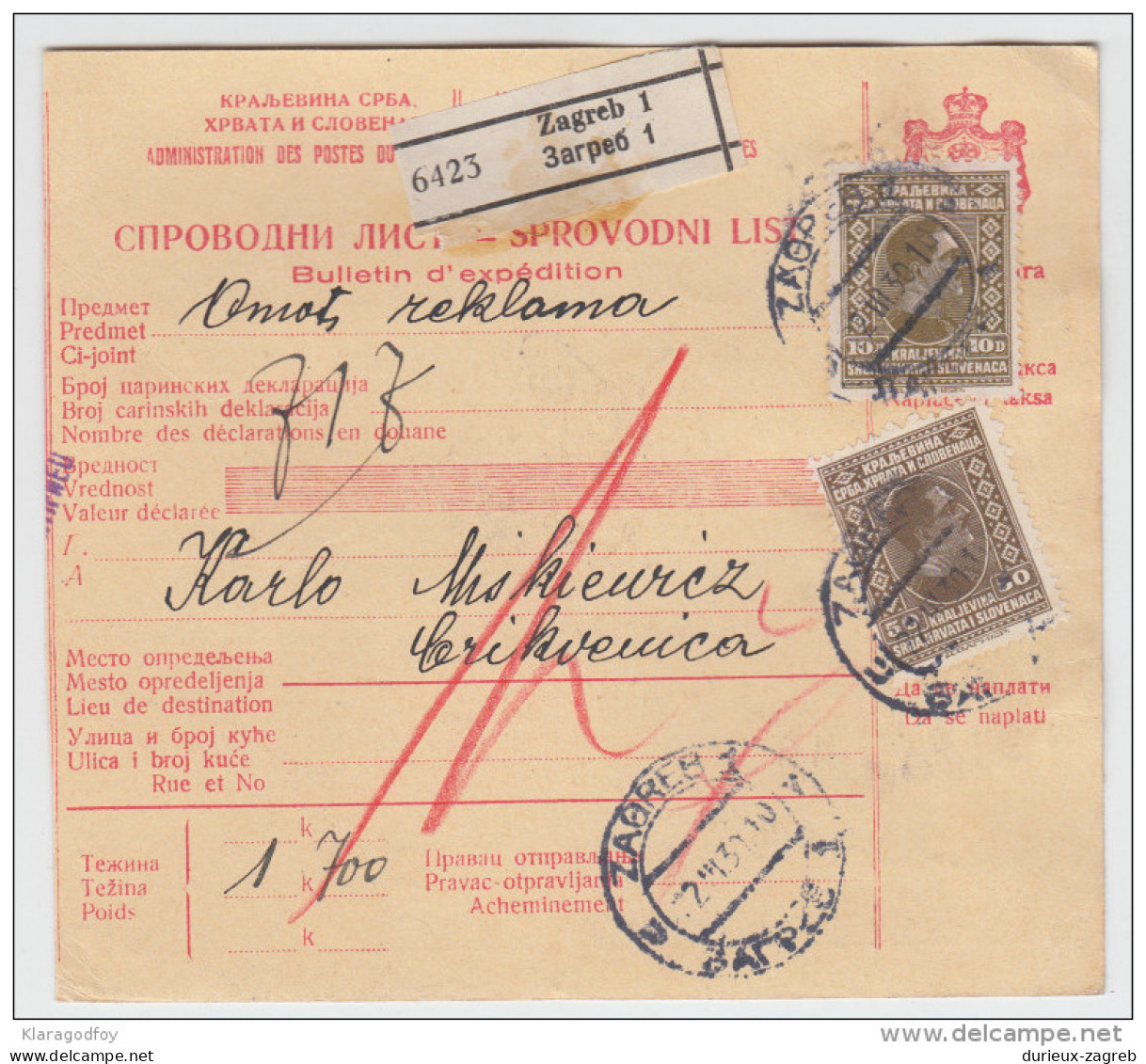 Yugoslavia Kingdom SHS Parcel Card - Sprovodni List 1930 Zagreb To Crikvenica Bb160516 - Altri & Non Classificati