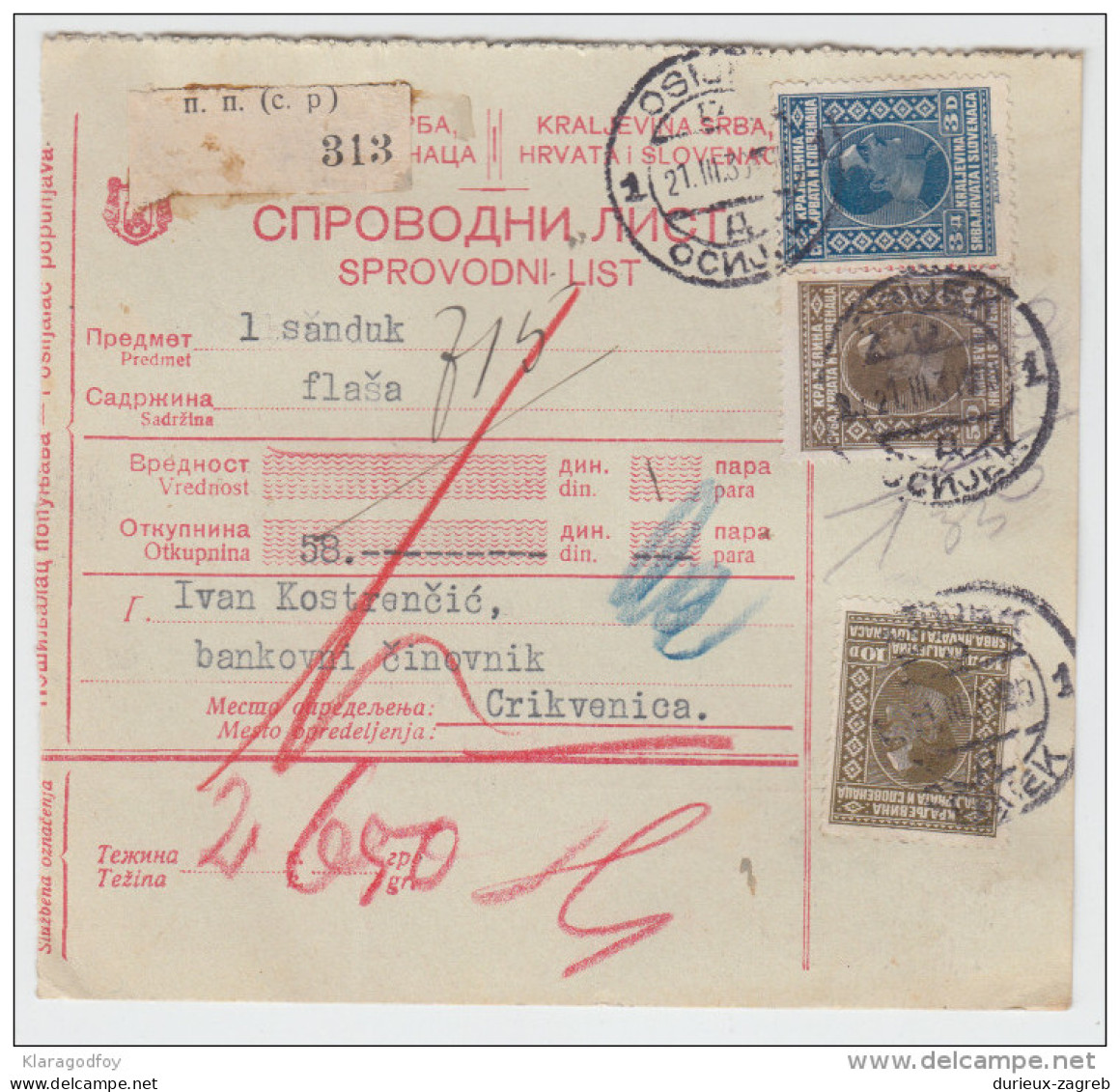 Yugoslavia Kingdom SHS Parcel Card - Sprovodni List 1930 Osijek To Crikvenica Bb160516 - Other & Unclassified