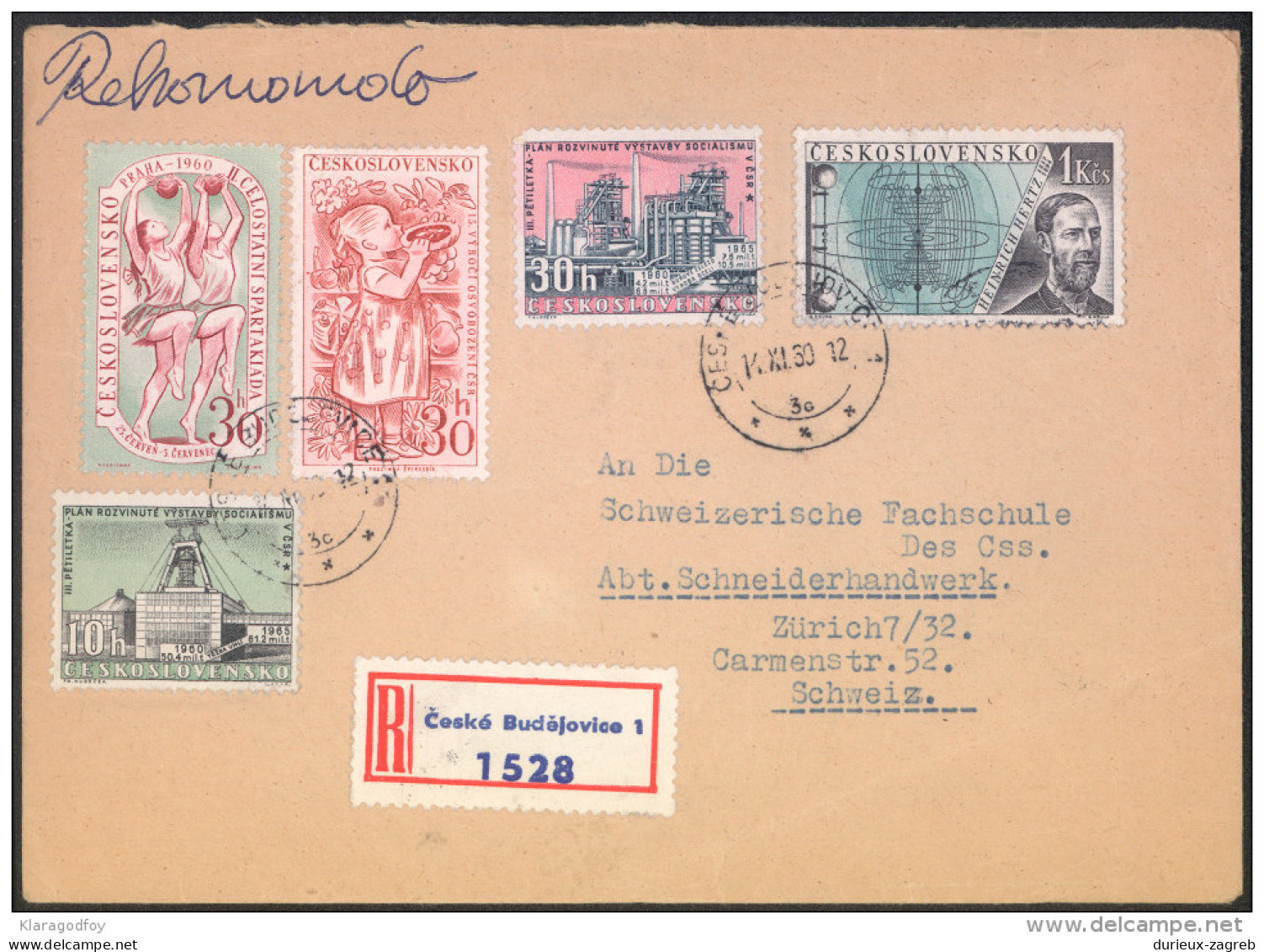 Czechoslovakia Registered Letter Cover Travelled Ceske Budejovice To Zurich 1960 Bb150921 - Brieven En Documenten