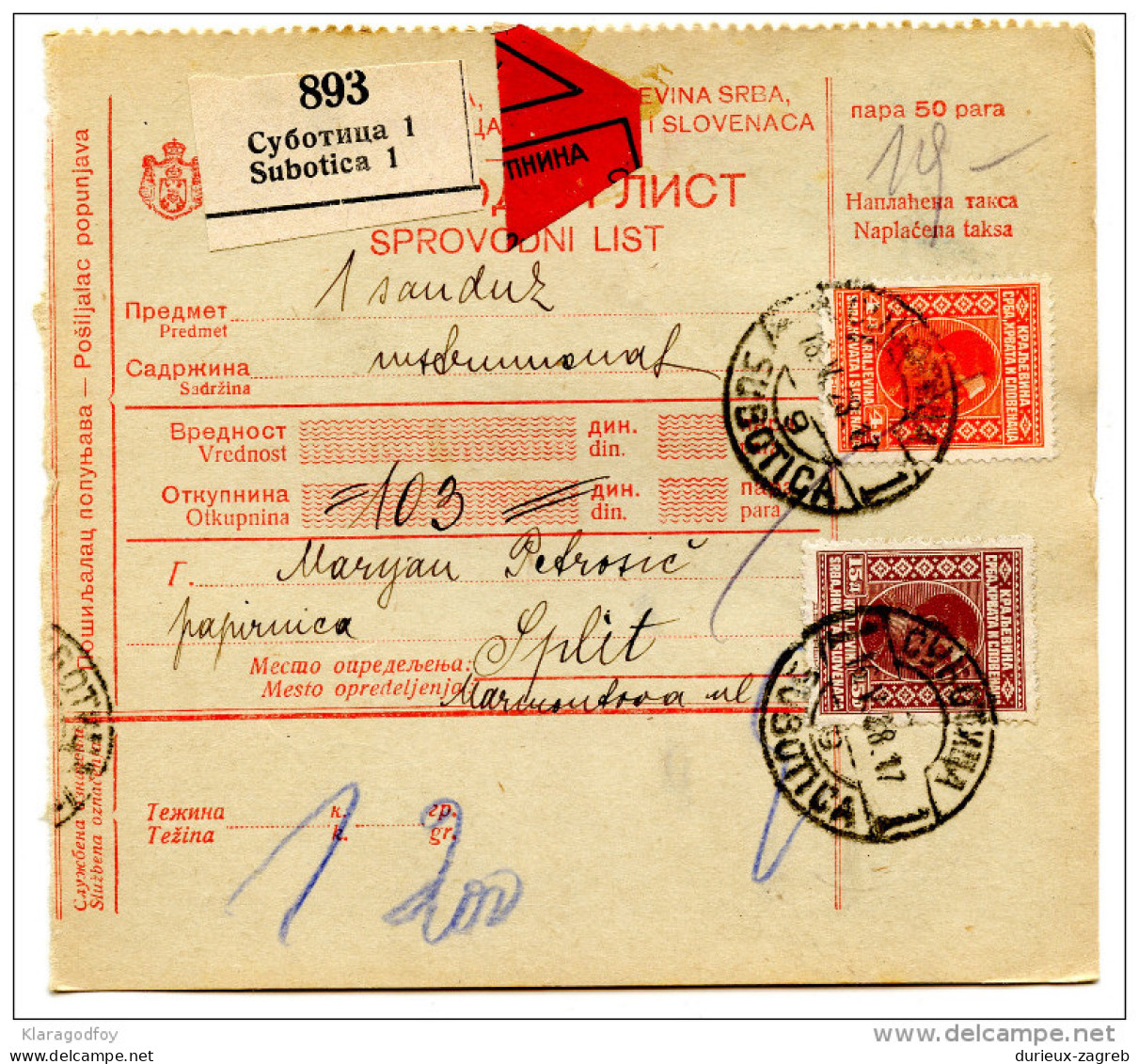 Kingdom SHS 1928 Poštna Spremnica - Parcel Card Subotica - Split B151204 - Andere & Zonder Classificatie