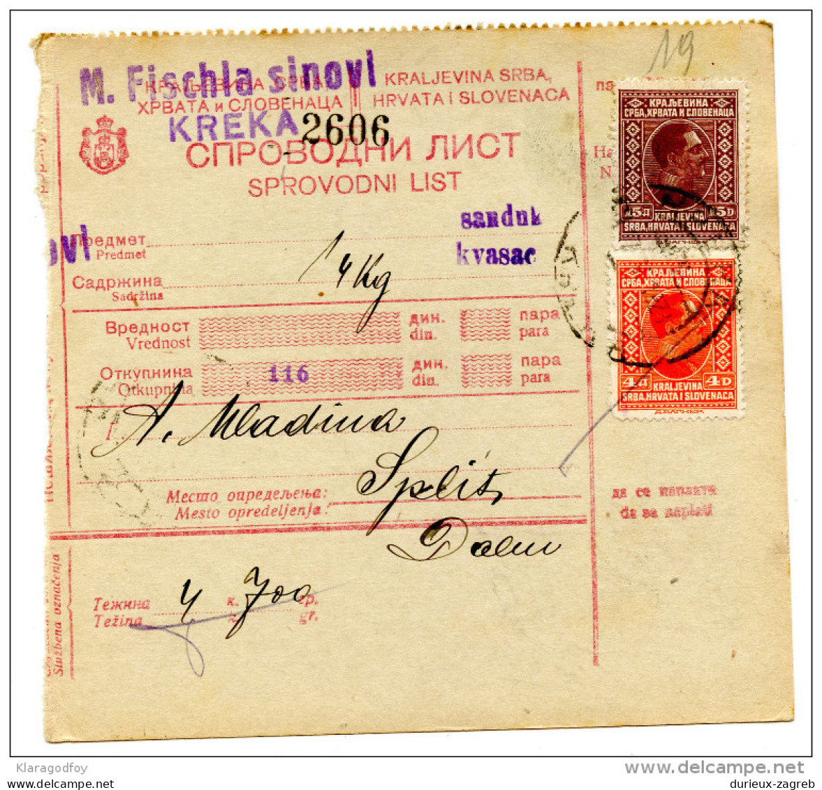 Kingdom SHS 1928 Poštna Spremnica - Parcel Card Kreka - Split B151204 - Andere & Zonder Classificatie