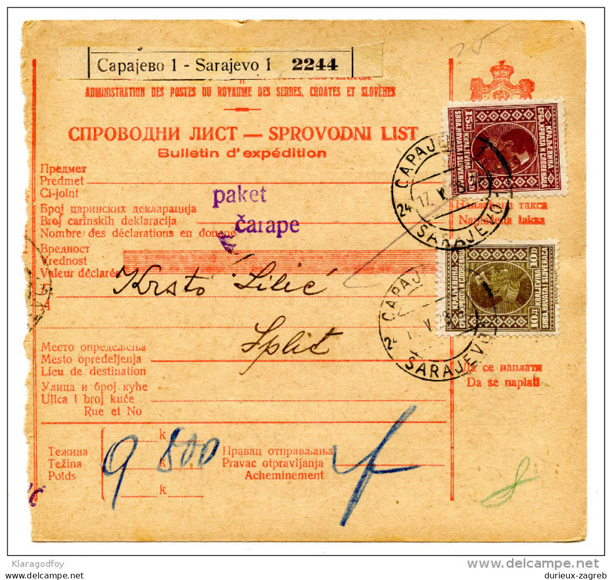 Kingdom SHS 1928 Poštna Spremnica - Parcel Card Sarajevo - Split B151204 - Andere & Zonder Classificatie