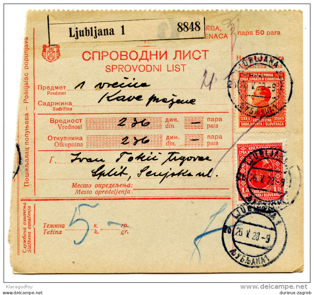 Kingdom SHS 1928 Poštna Spremnica - Parcel Card Ljubljana - Split B151204 - Andere & Zonder Classificatie