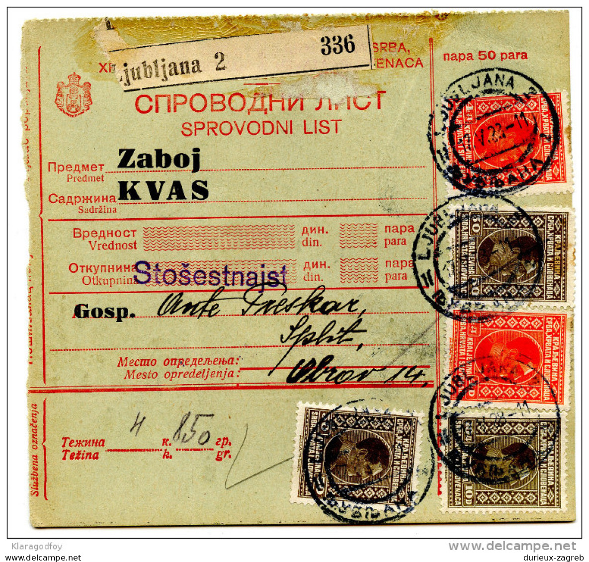 Kingdom SHS 1928 Poštna Spremnica - Parcel Card Ljubljana - Split B151204 - Autres & Non Classés