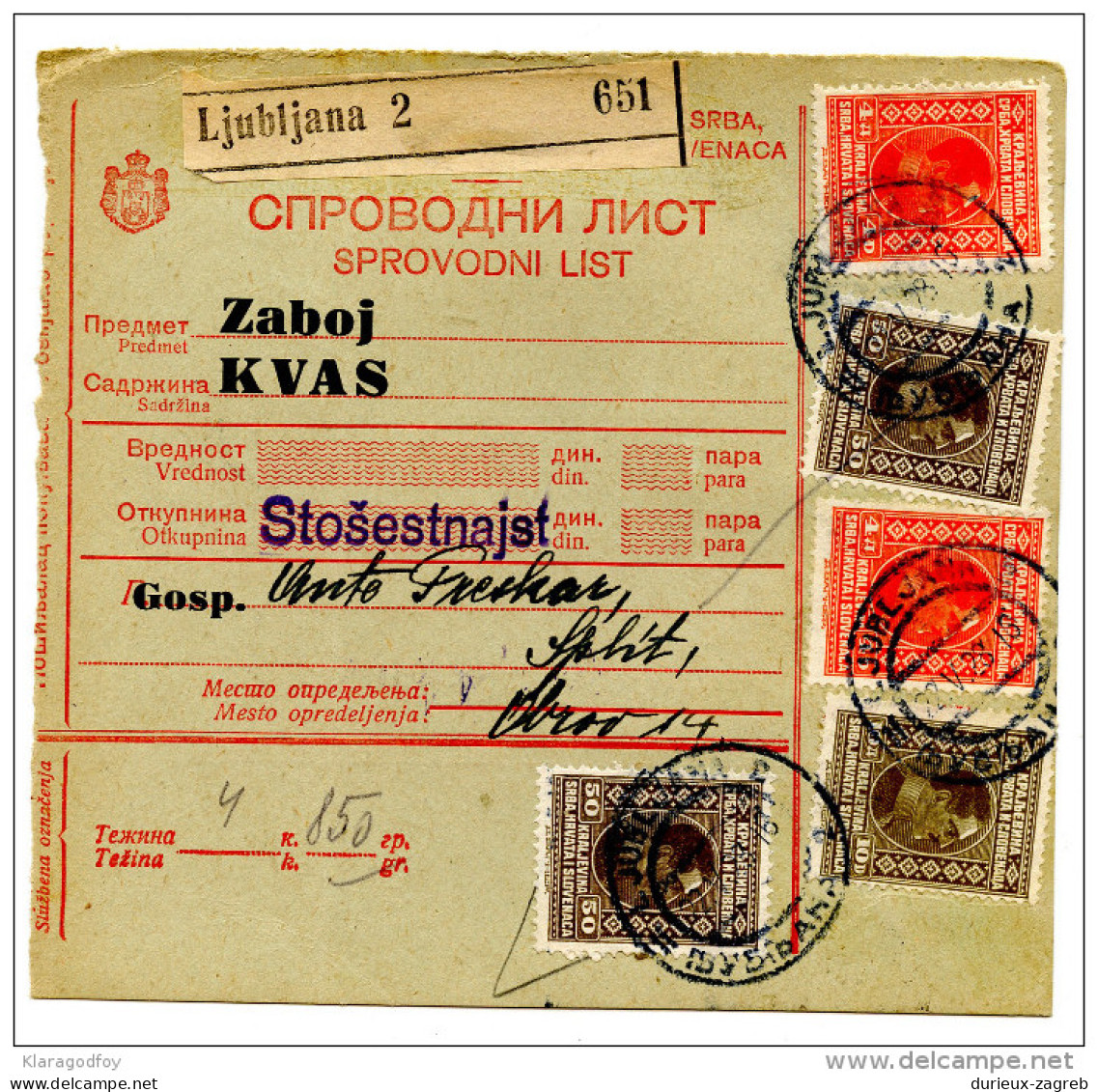 Kingdom SHS 1928 Poštna Spremnica - Parcel Card Ljubljana - Split B151204 - Autres & Non Classés