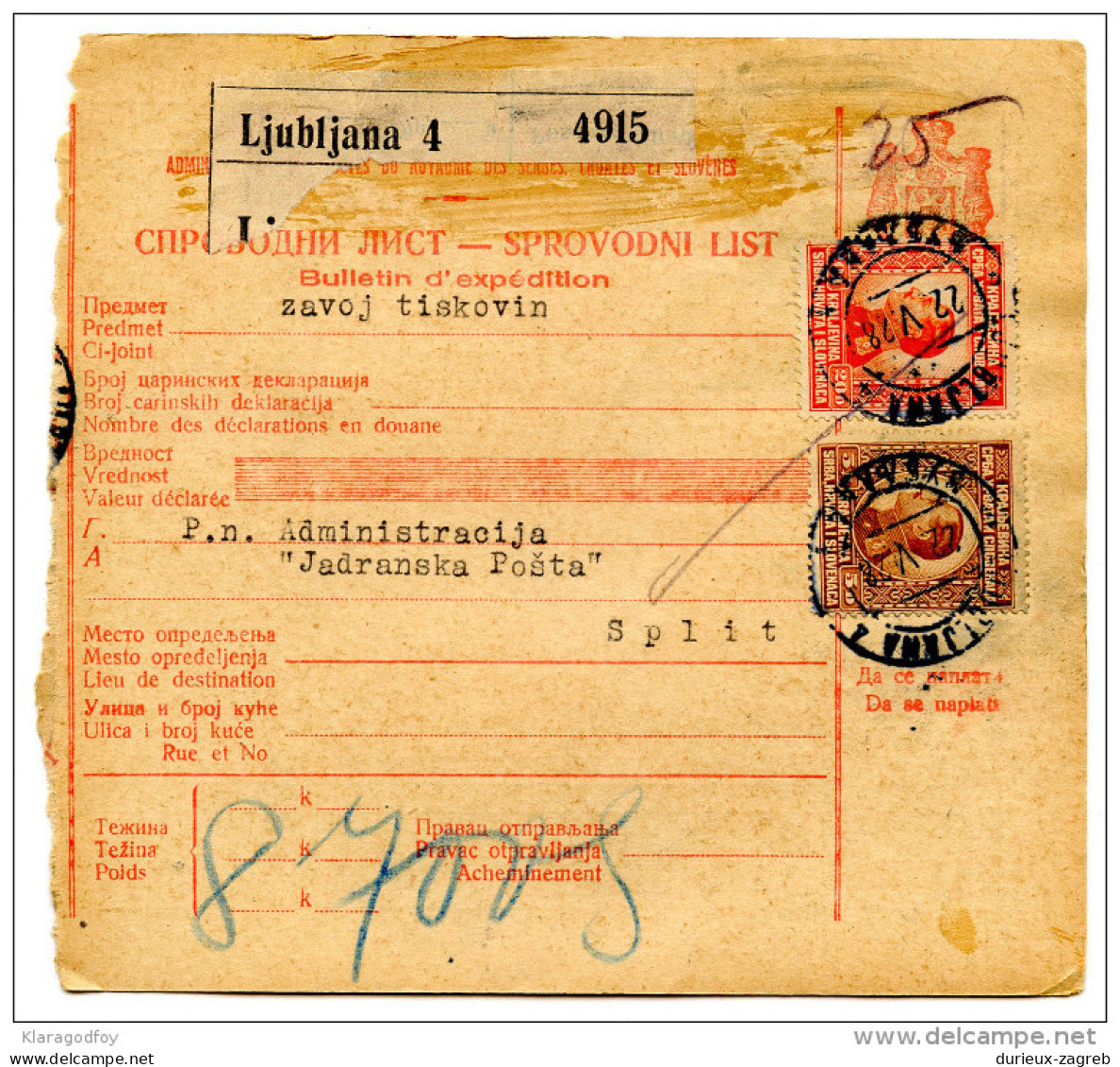 Kingdom SHS 1928 Poštna Spremnica - Parcel Card Ljubljana - Split B151204 - Autres & Non Classés