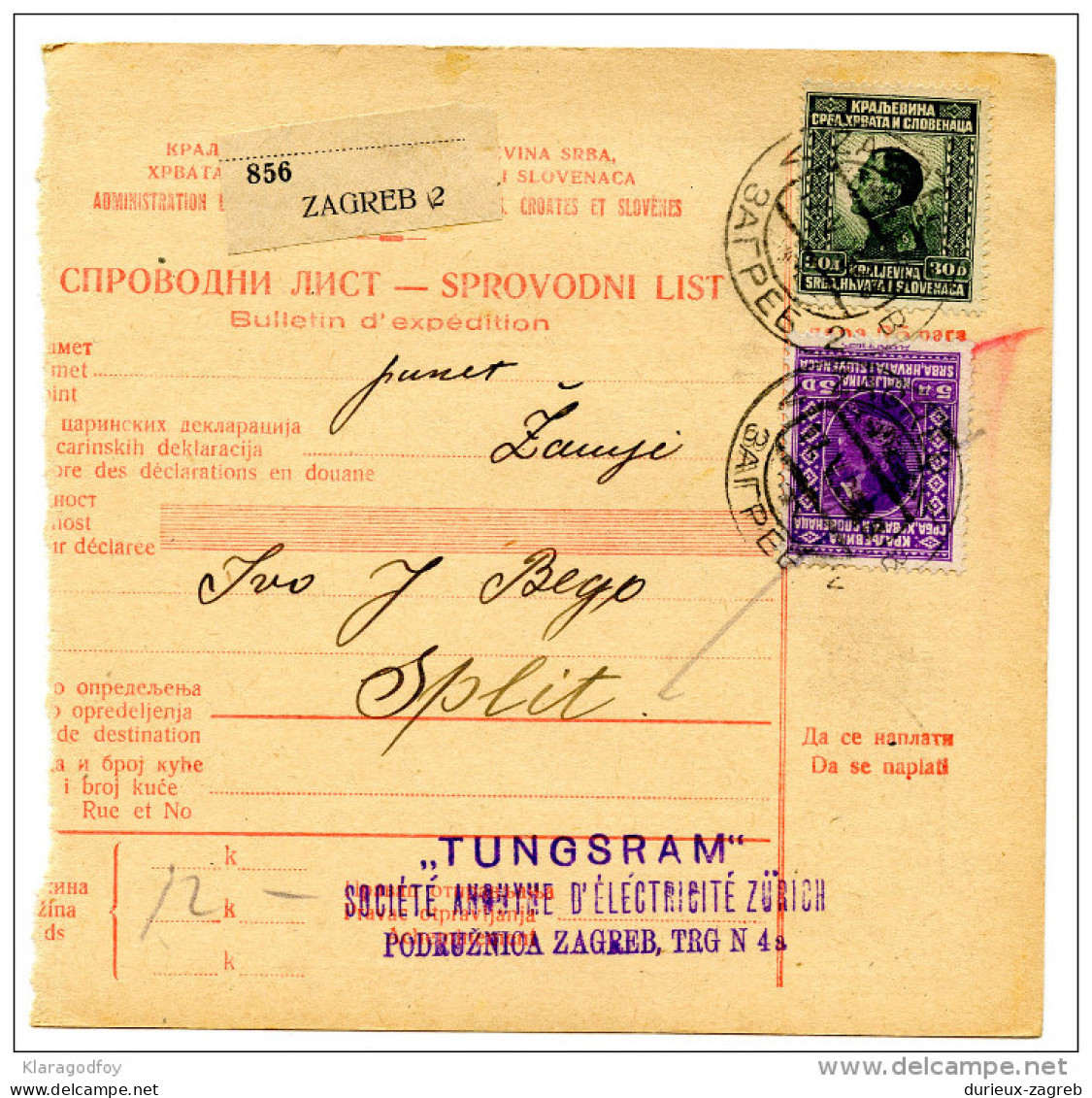 Kingdom SHS 1929 Poštna Spremnica - Parcel Card Zagreb - Split B151204 - Andere & Zonder Classificatie