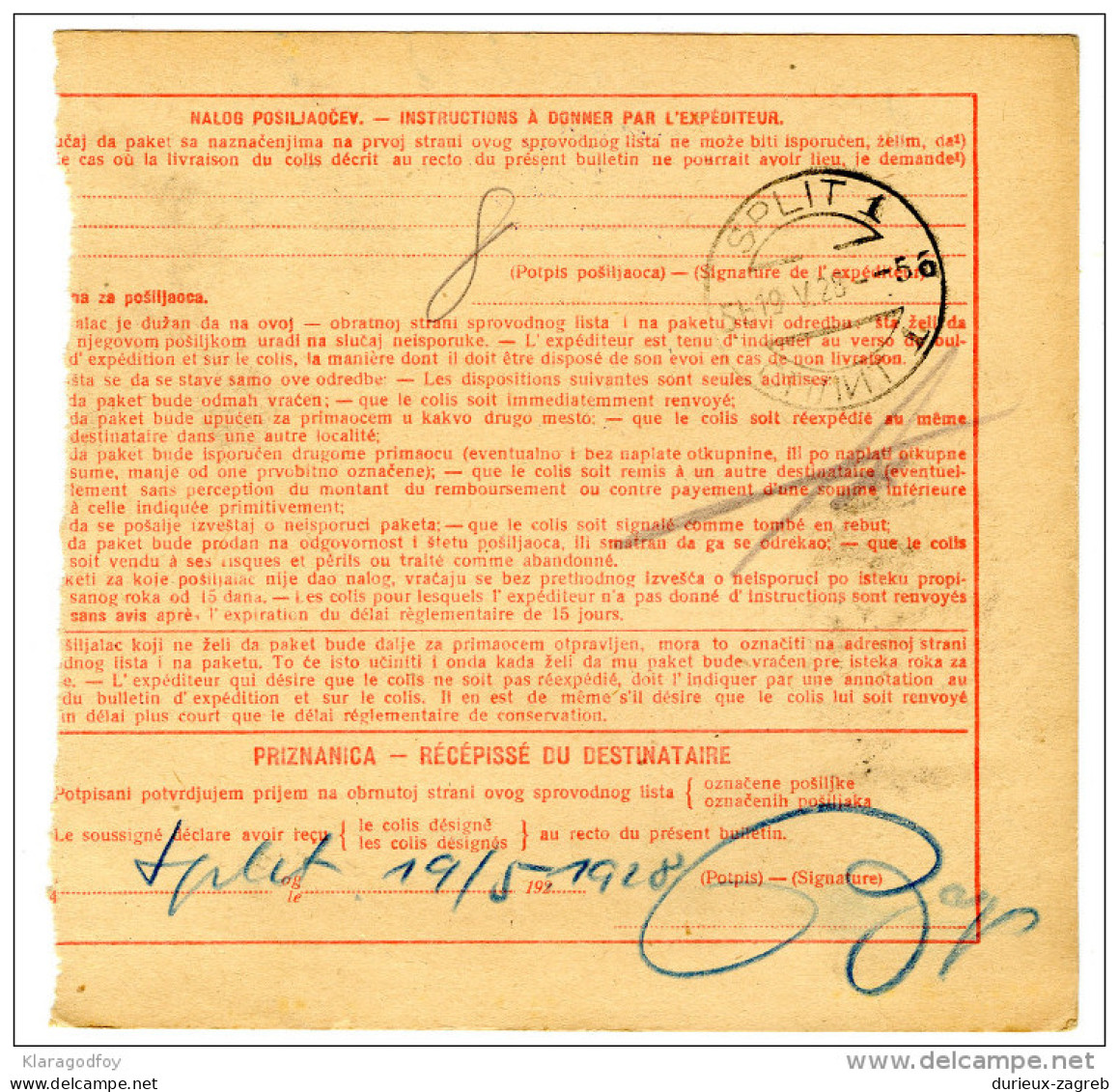 Kingdom SHS 1929 Poštna Spremnica - Parcel Card Zagreb - Split B151204 - Other & Unclassified