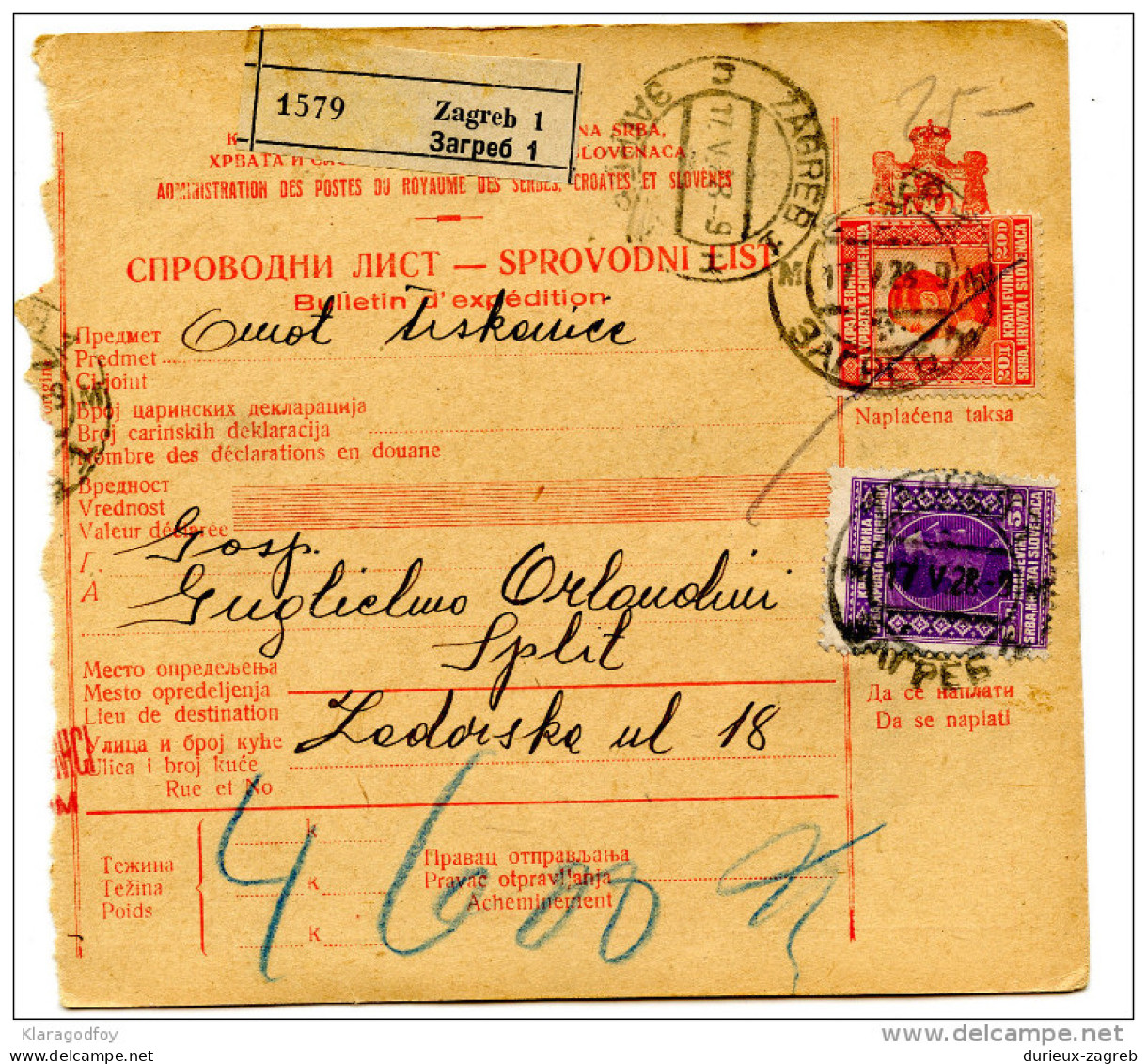 Kingdom SHS 1929 Poštna Spremnica - Parcel Card Zagreb - Split B151204 - Andere & Zonder Classificatie
