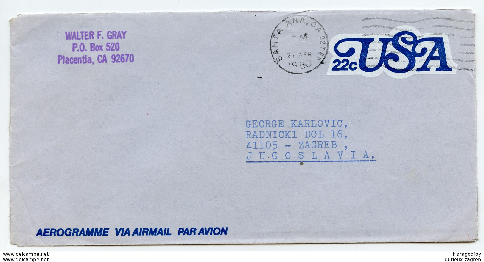 US Postal Stationery Stamped Envelope Aerogramme Travelled 1980 Santa Ana, CA To Yugoslavia UC51 Bb171020 - 1961-80