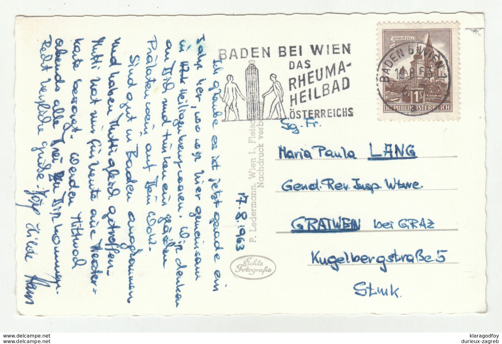 Heiligenkreuz Postcard Posted 1963 Baden Bei Wien Slogan Pmk B200901 - Heiligenkreuz