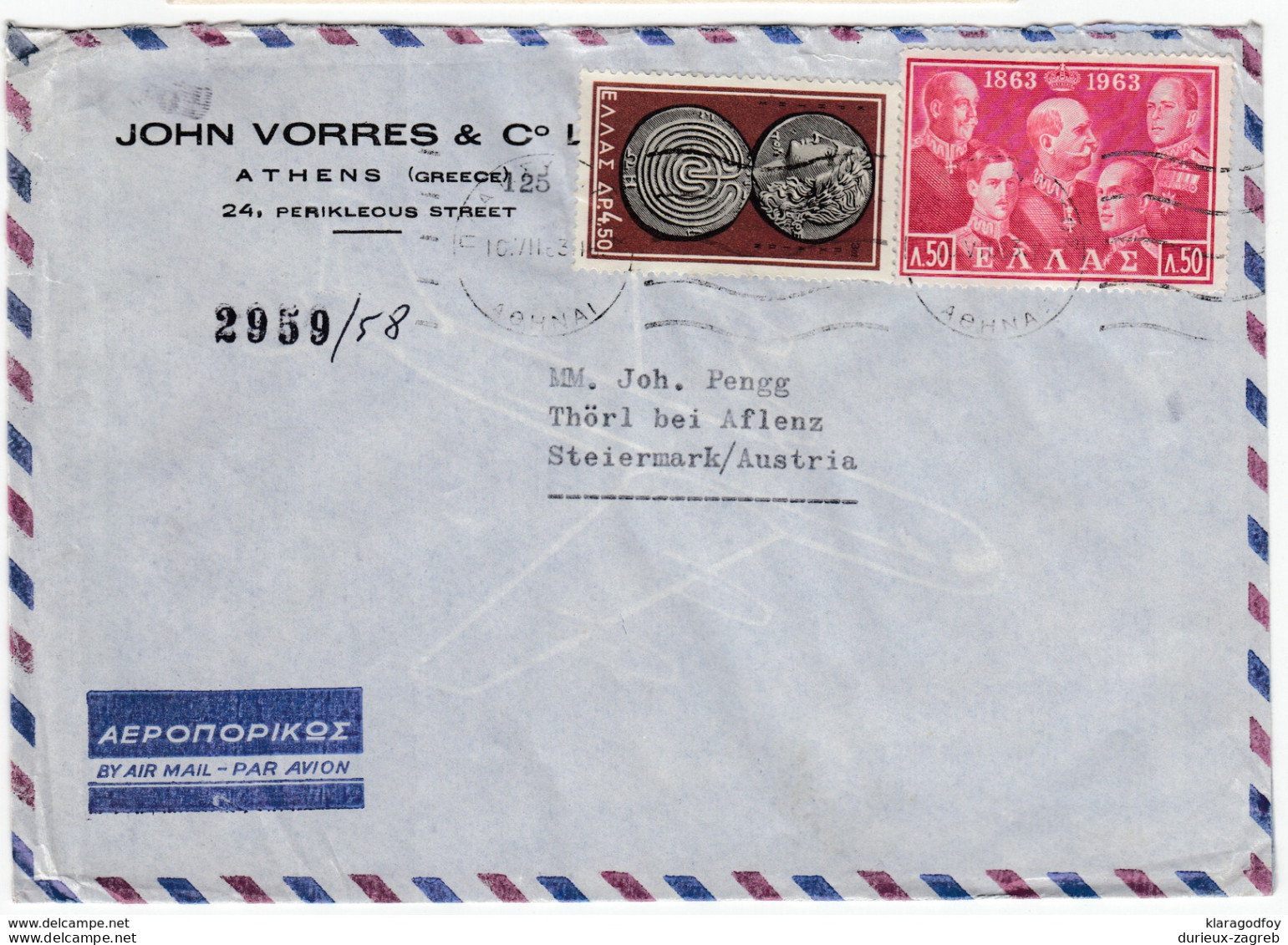 John Vorres Company Air Mail Letter Cover Travelled 1963 Athens To Thörl Bei Aflenz Bb161128 - Storia Postale