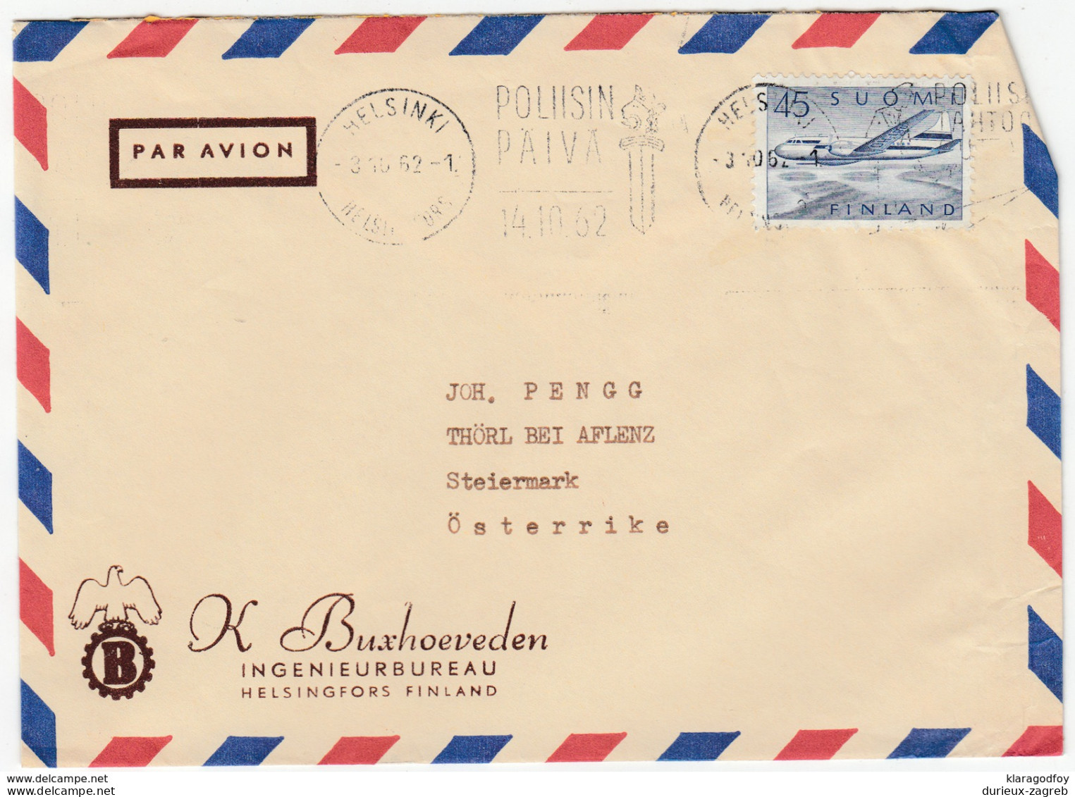 K. Buxhoeveden Company Air Mail Letter Cover Travelled 1962 Helsinki To Thürl Bei Aflenz Slogan Postmark Bb161128 - Covers & Documents