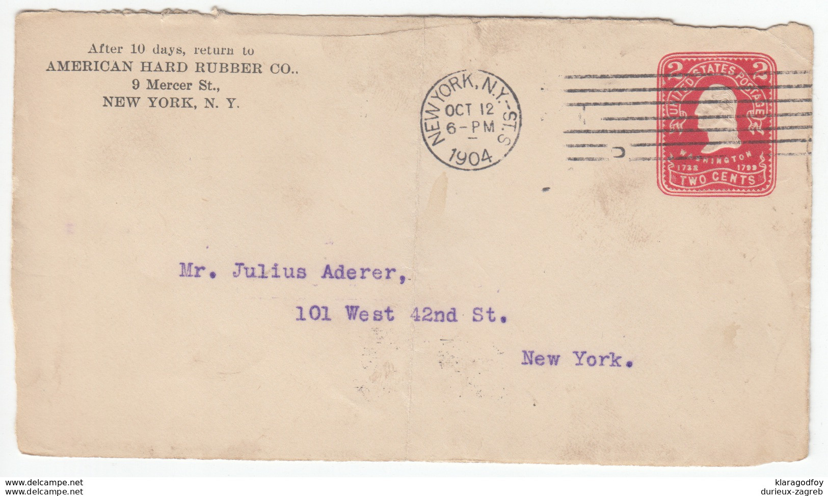 US Postal Stationery Stamped Envelope Only Front Page Travelled 1904 NY U385 Washington Bb161110 - 1901-20