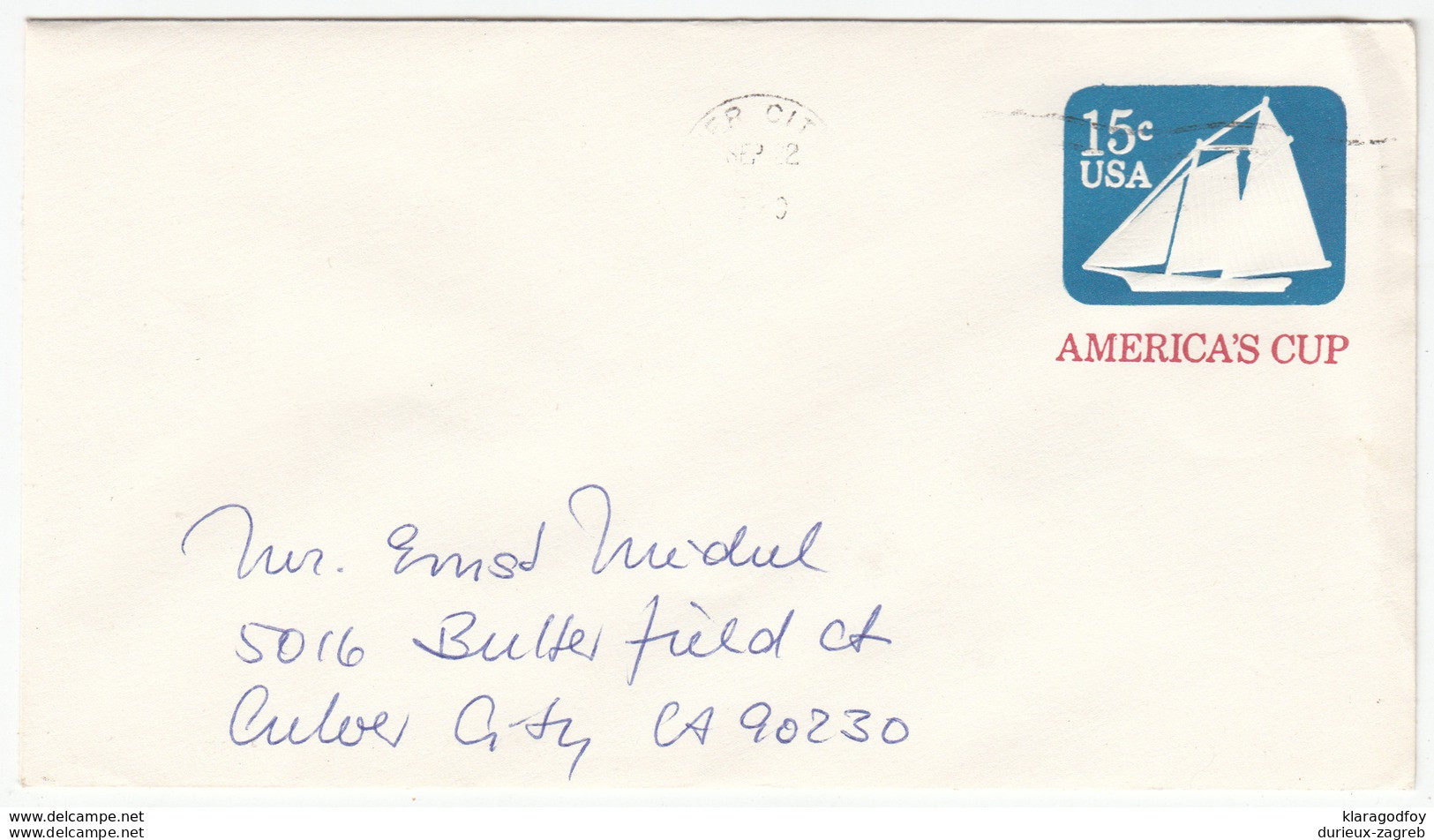 US Postal Stationery Stamped Envelope Travelled 198? Culver City, CA U598 America's Cup Bb161110 - 1981-00