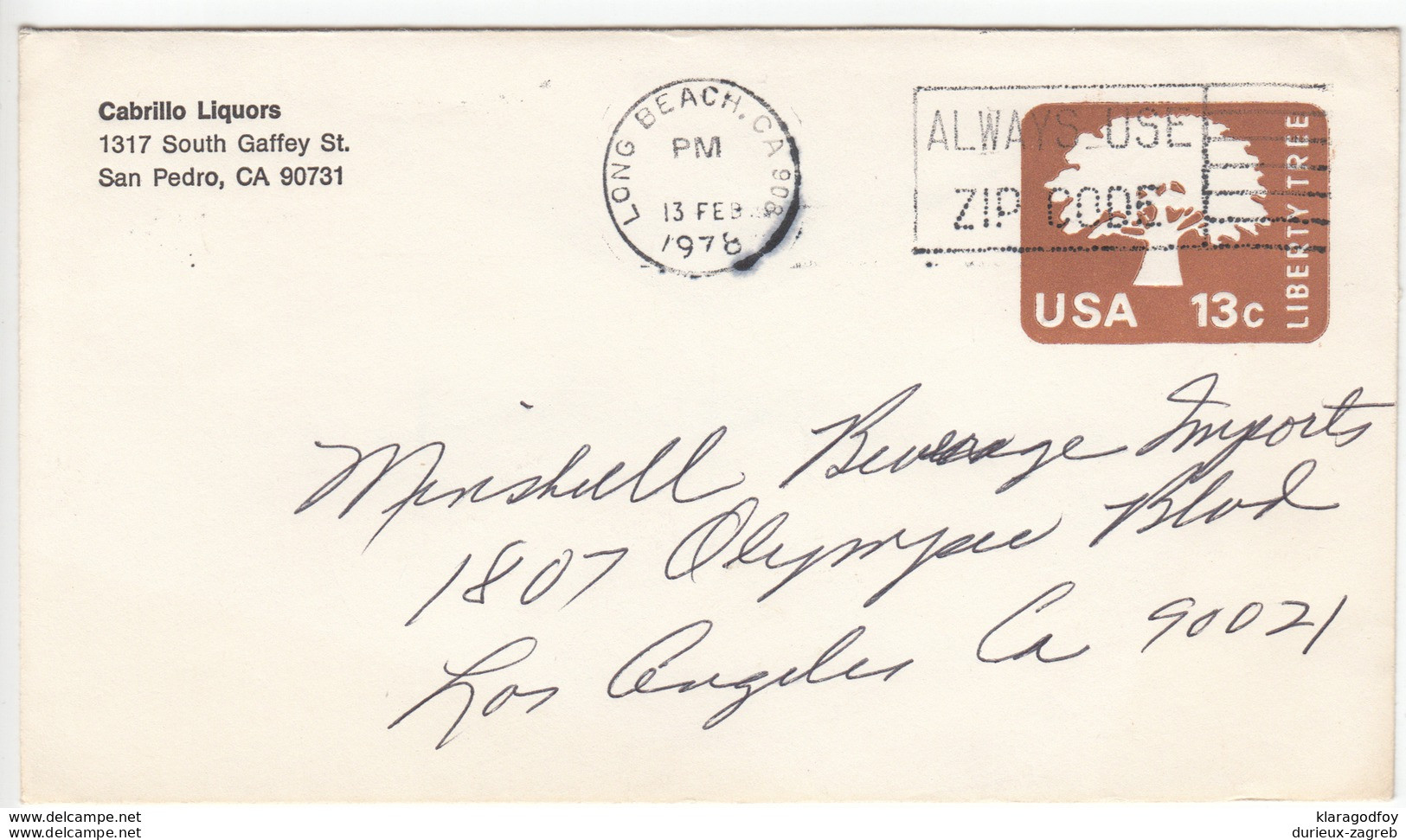 US Postal Stationery Stamped Envelope Travelled 1978 Long Beach, CA To LA U576 Liberty Tree Bb161110 - 1961-80