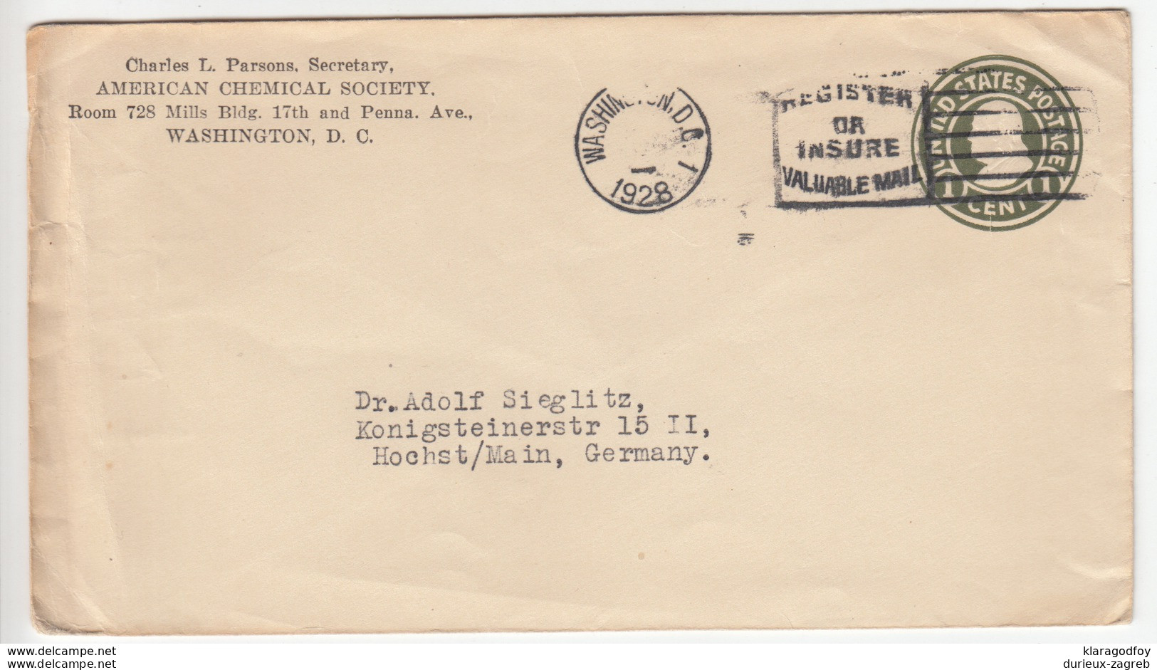 US Postal Stationery Stamped Envelope Travelled 1928 Washington D.C. To Höchst Am Main, Germany U420 Franklin Bb161110 - 1921-40