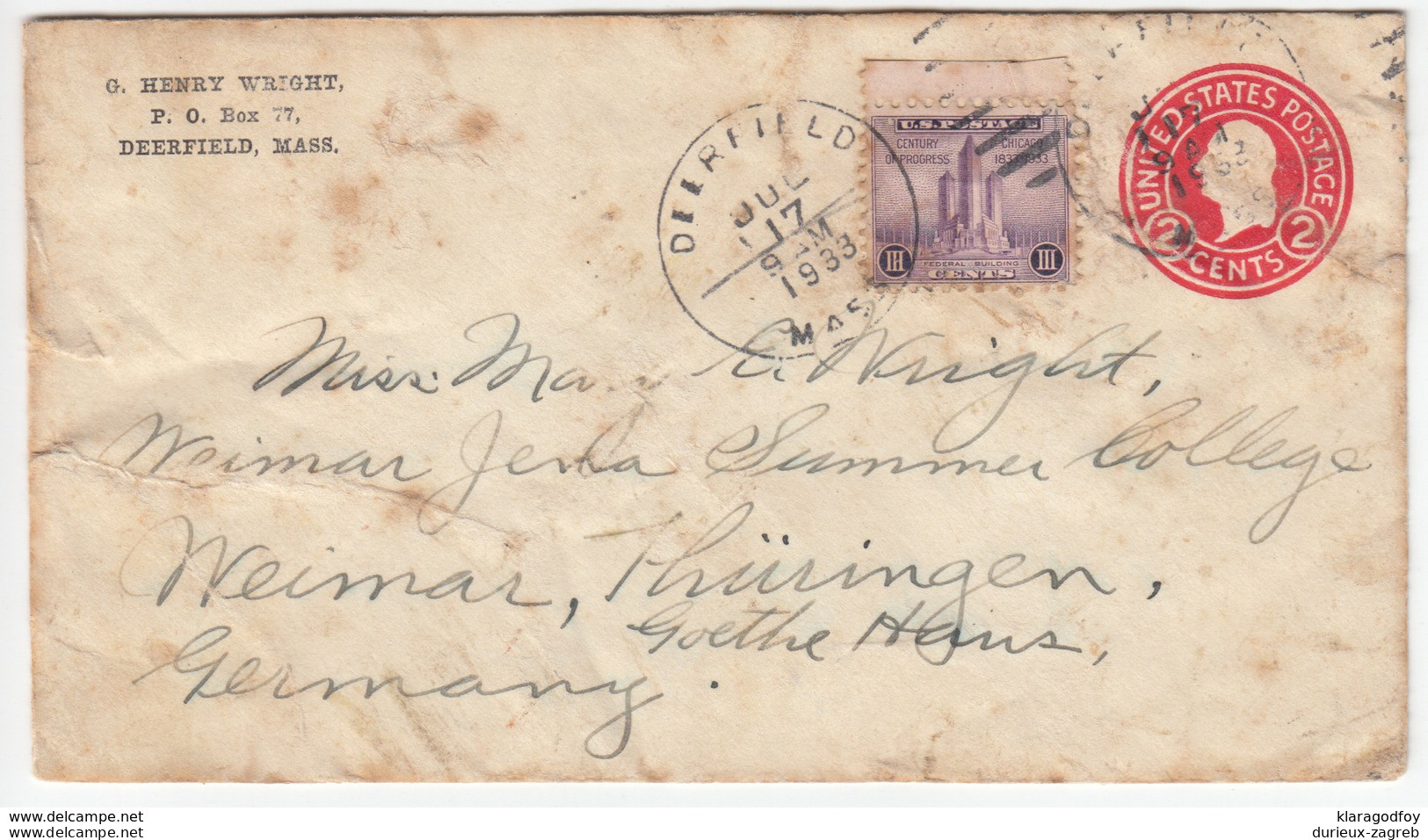 US Postal Stationery Stamped Envelope Travelled 1933 Deerfield, MA To Weimar, Germany U429 Washington Bb161110 - 1921-40